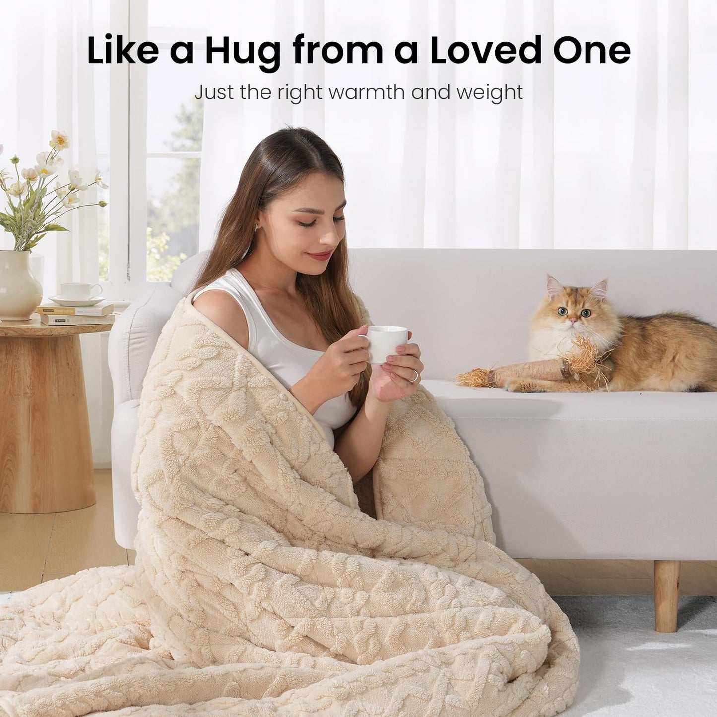Weighted Blanket Queen Size 15lbs, Classy Soft Jacquard Sherpa Weighted Blankets for Sleep Natural and Calming, Fluffy Cozy Sofa Bed Blanket for Winter, Beige, 60 x 80 inches