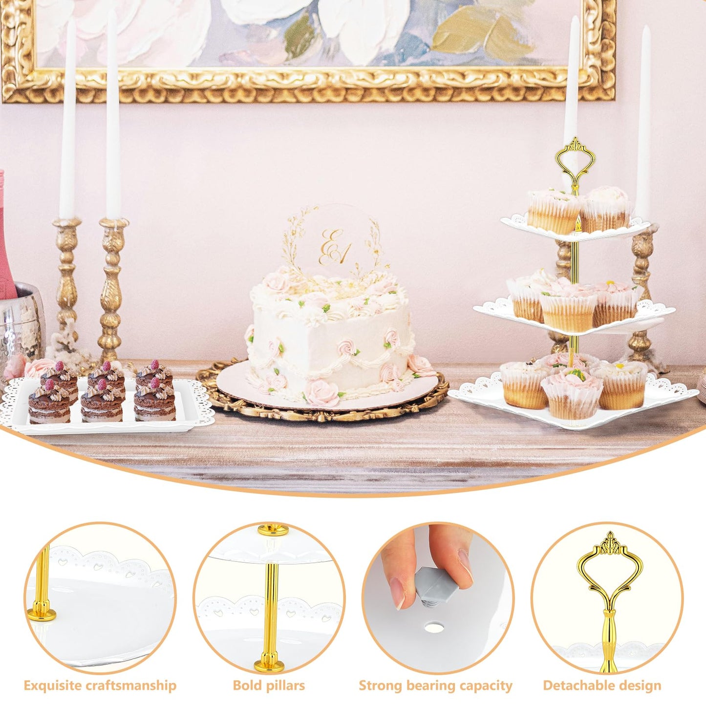 Lazycorner 10 Pcs Dessert Table Display Stands Set , with 4 Pcs 3-Tier Cupcake Stand & 6 Pcs Food Serving Tray - Cookie Tray Rack Serving Tray Cake Display Tower for Wedding Baby Shower Tea Party