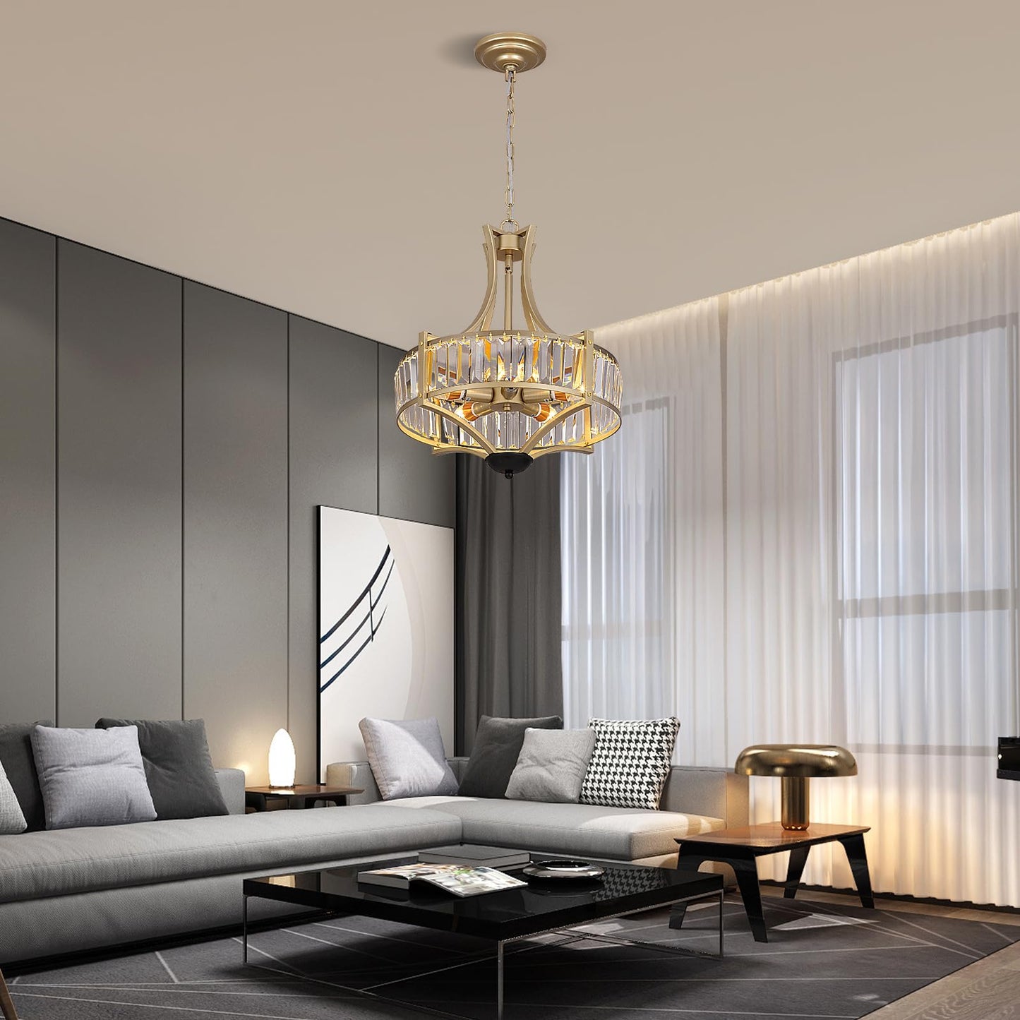 Kaniker 5-Light Crystal Chandelier Ceiling Light Fixture with Adjustable Height, Gold Drum Pendant Light for Dining Room Light Fixture, Kitchen Island, Bedroom, Living Room, Elegant Modern Lighting