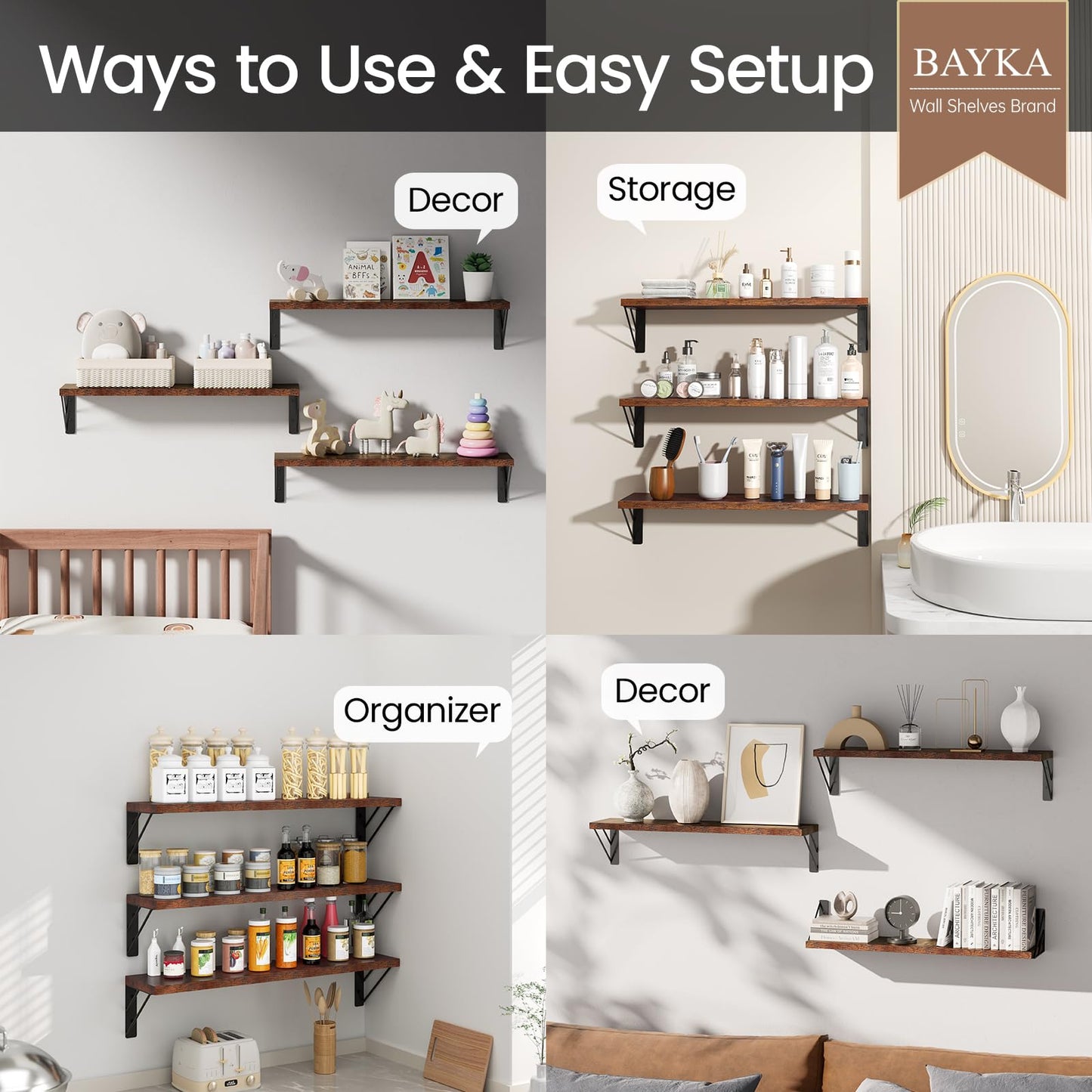 BAYKA 23-in Floating Wall Shelves, Rustic Wood Wall Shelves for Bedroom, Bathroom, Kitchen & Living Room, Display Shelf for Books, Plants & Decor (Rustic Brown)