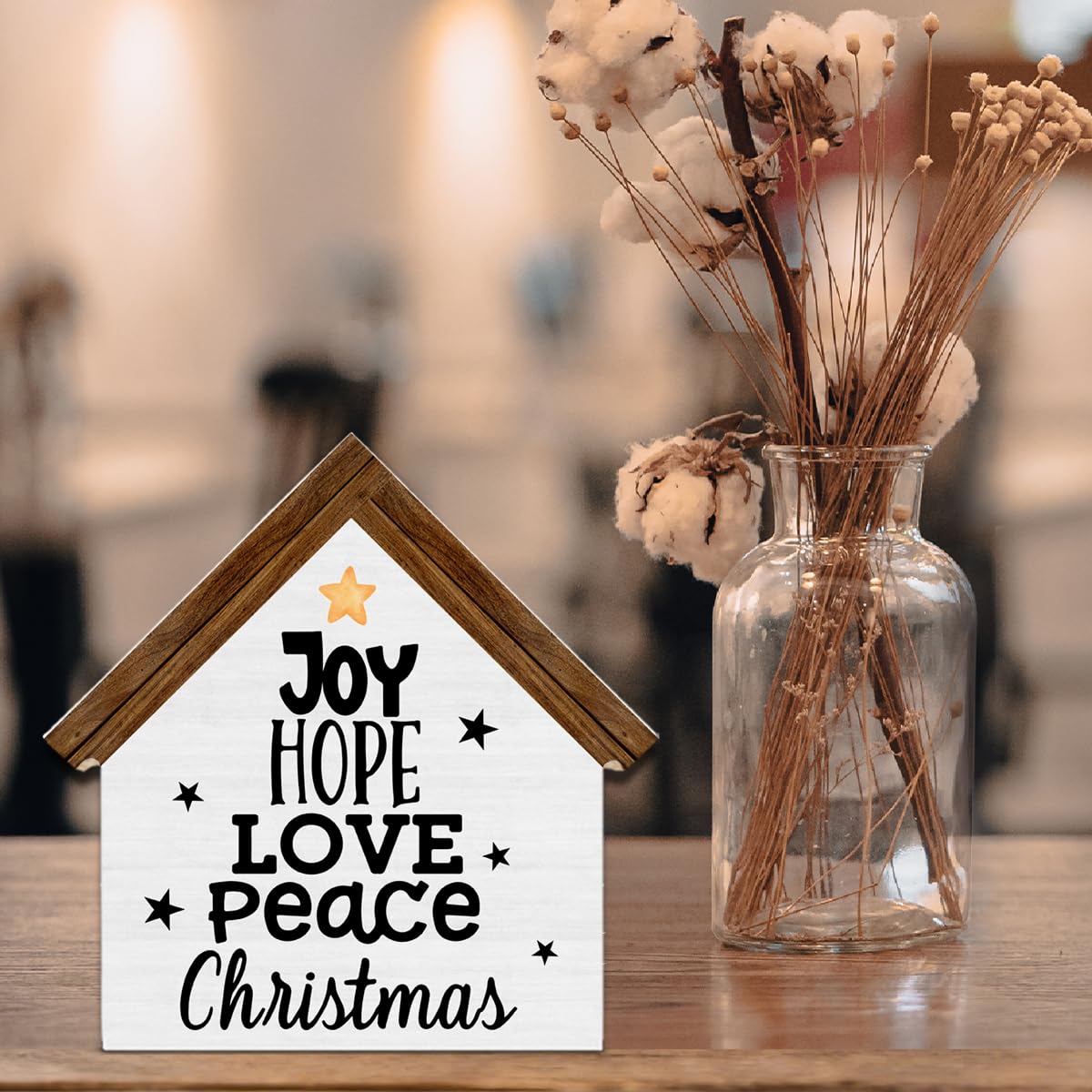 Joy Christmas Sign Decor, Joy Hope Love Peace House Shaped Wooden Sign, Rustic Christmas Decorations for Desk Table Shelf