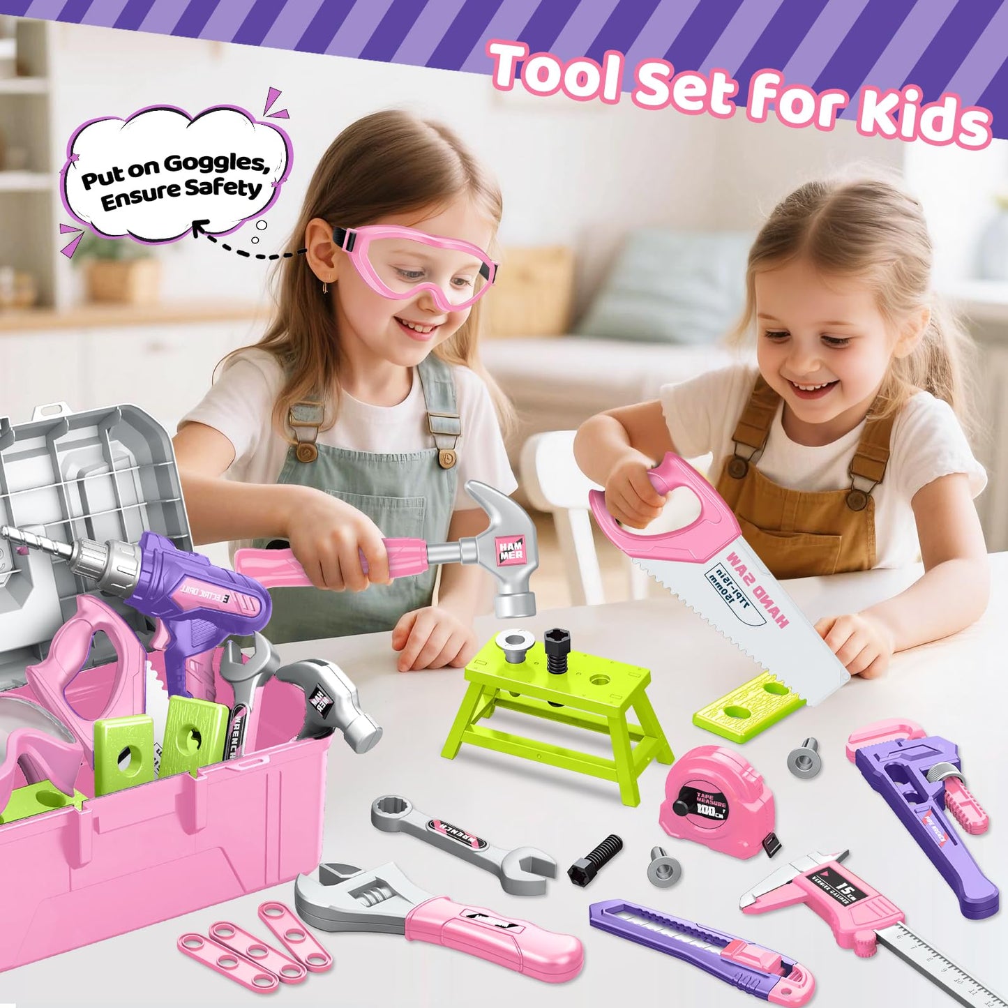 Kids Tool Set with Portable Tool Box & Electronic Toy Drill, Toddler Tool Set, Construction Tools for Kids Ages 3 4 5 6, 46 Pcs Tool kit for Christmas & Birthday Gifts for Girls