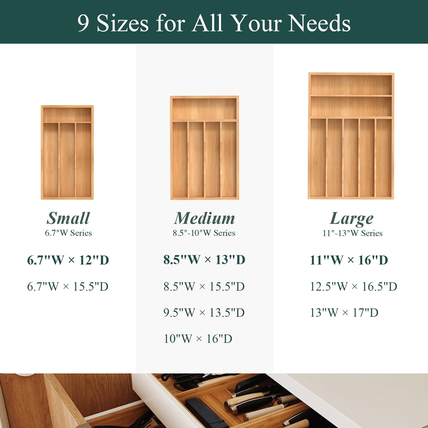 BEKVEM Small Silverware Organizer, Bamboo Kitchen Drawer Organizer, Utensil Holder, Cutlery Tray & Spoon Flatware Storage with Grooved Drawer Dividers (6.7''W x 12''D)