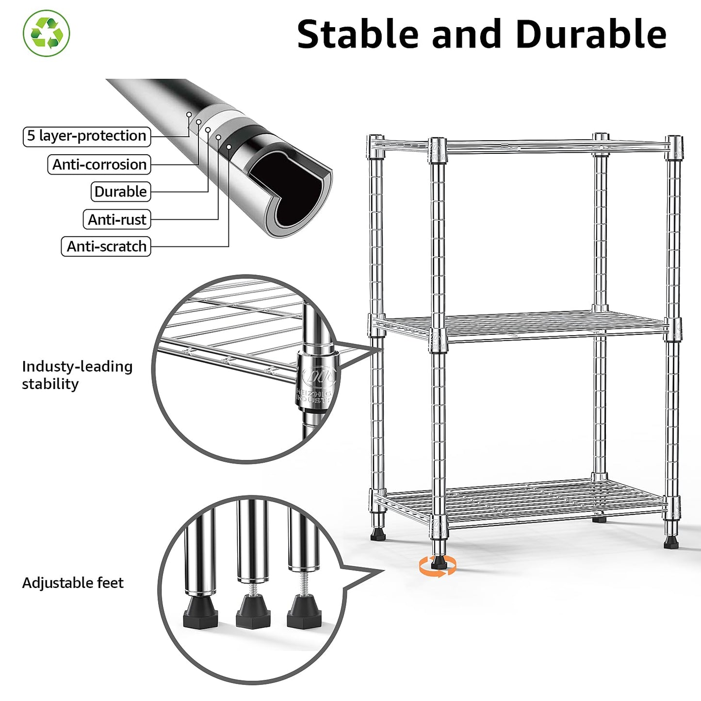M MZG 450 lbs Wire Storage Shelving 3-Tier Utility Shelving Unit Steel Organizer Wire Rack for Home,Kitchen,Office,Chrome(11.8" D x 17.7" W x 26.4" H)