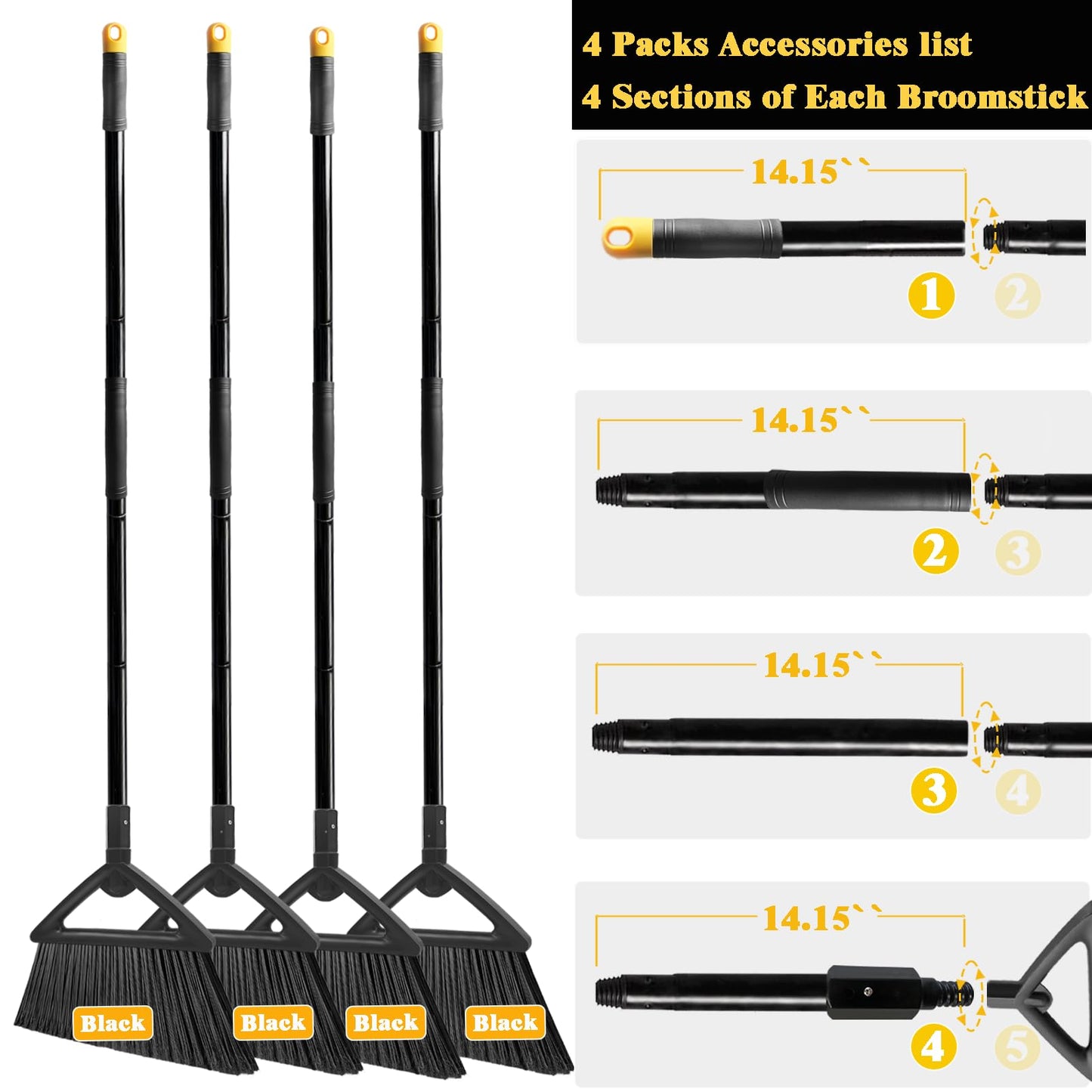 PUTNATRUE Heavy Duty Broom Outdoor Indoor, Upgraded Commercial Angle Brooms, Black Broom for Sweeping House, Restaurant, Kitchen, Garage, Courtyard
