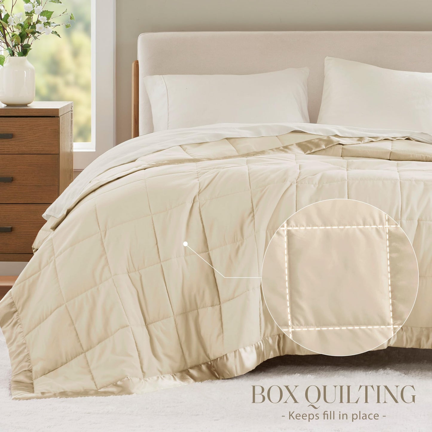 Madison Park Windom Down Alternative Blanket, Premium 3M Scotchgard Moisture Wicking Treatment, Lightweight and Soft Bed Cover For All Season, Satin Trim, Cream Full/Queen