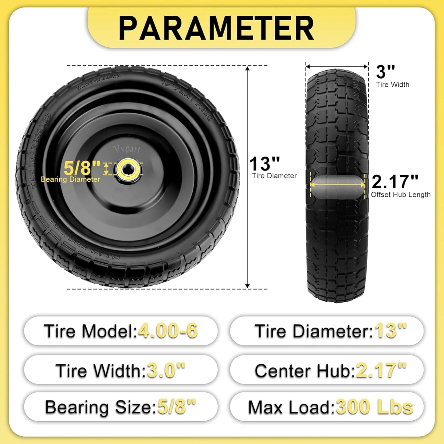 13" Flat Free Wheels for Gorilla Carts, 4.00-6 Solid Tires with 5/8" Bearings & 2.17" Offset Hub, Replacement for Garden Carts, Hand Truck, Yard Trailer, 2 Pack | Vypart