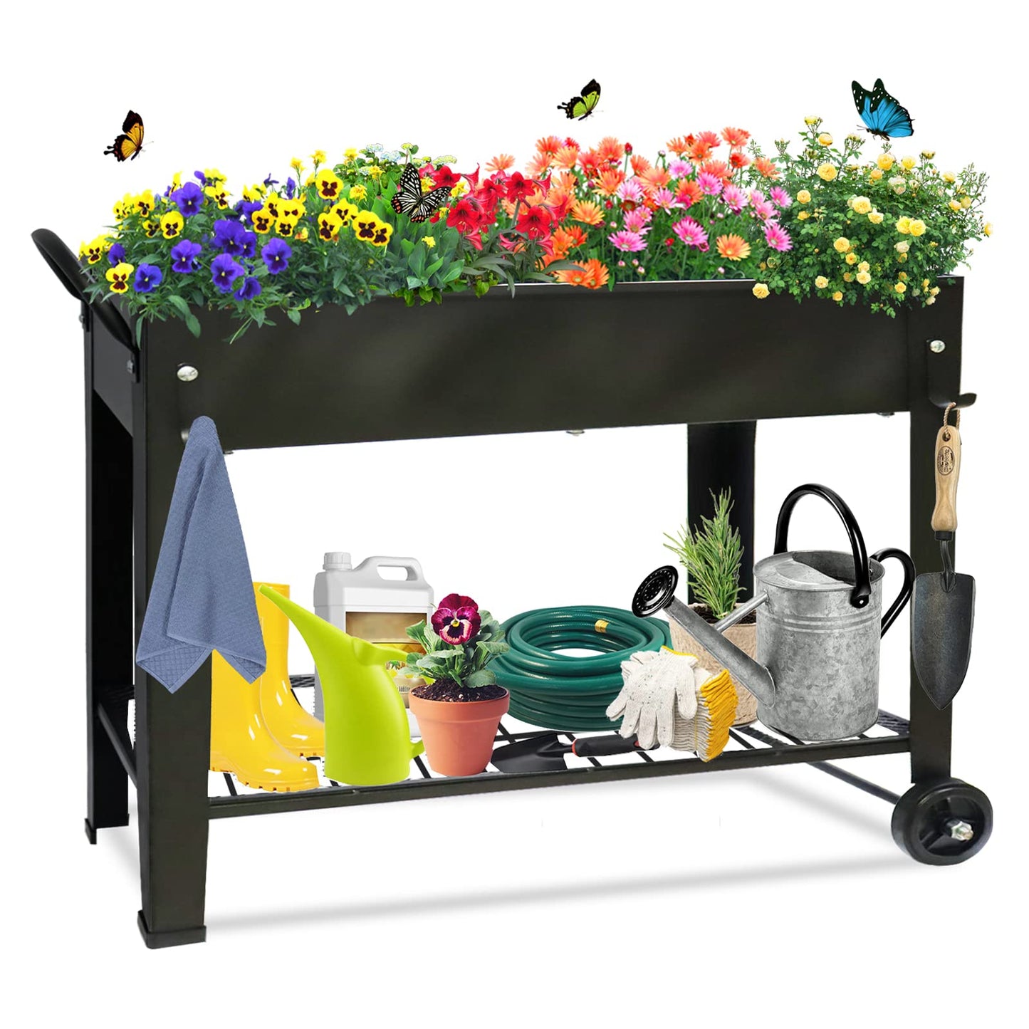 Fleecy day Raised Garden Planter Beds with Wheels Legs, Large Planters Box for Indoor Outdoor Plants,Metal Galvanized Elevated Rectangle Herb Planter Box for Vegetables Flower Patio 31.5" H