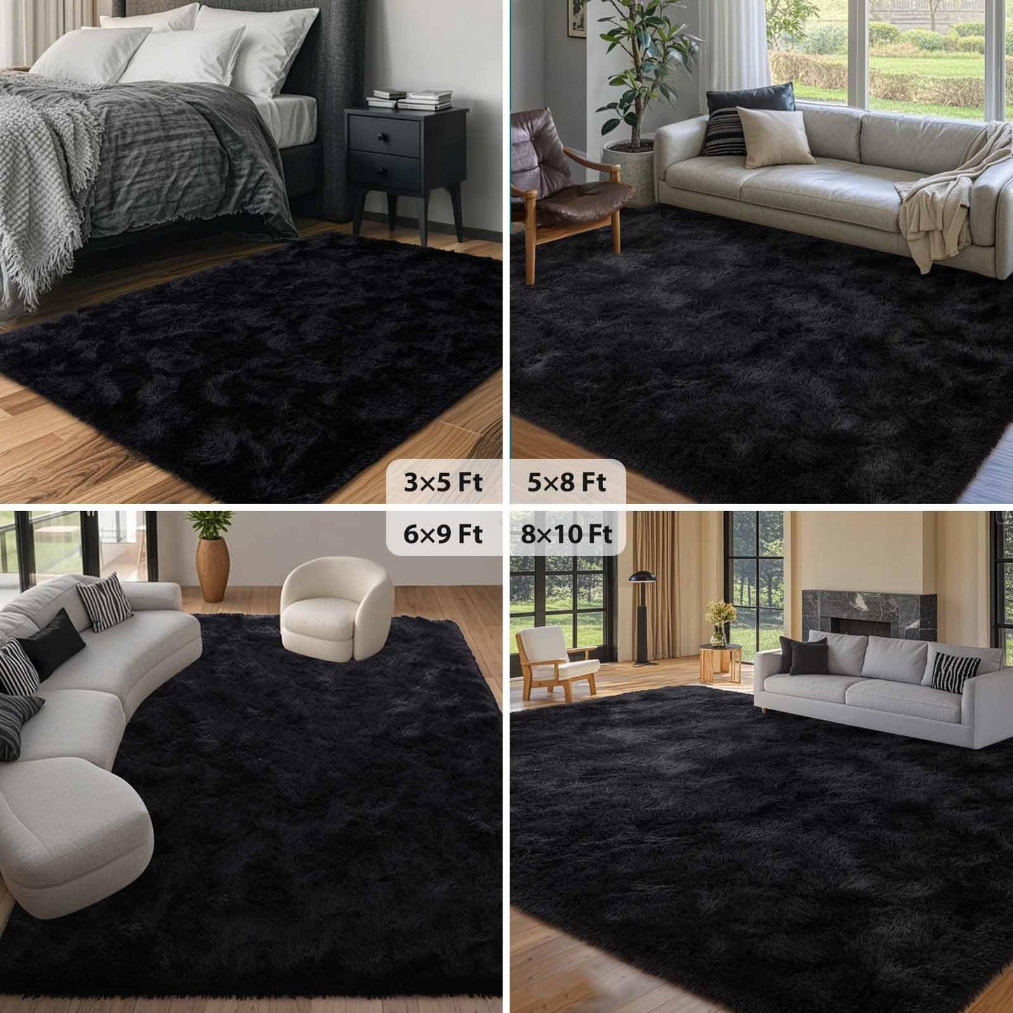 FinRèc Soft Black Area Rugs for Bedroom Living Room, 4x6 Feet Modern Indoor Fluffy Shaggy Rug, Non-Slip Fuzzy Furry Rug for Nursery Kids Room Dorm Room Home Decor, High Pile Plush Floor Carpet