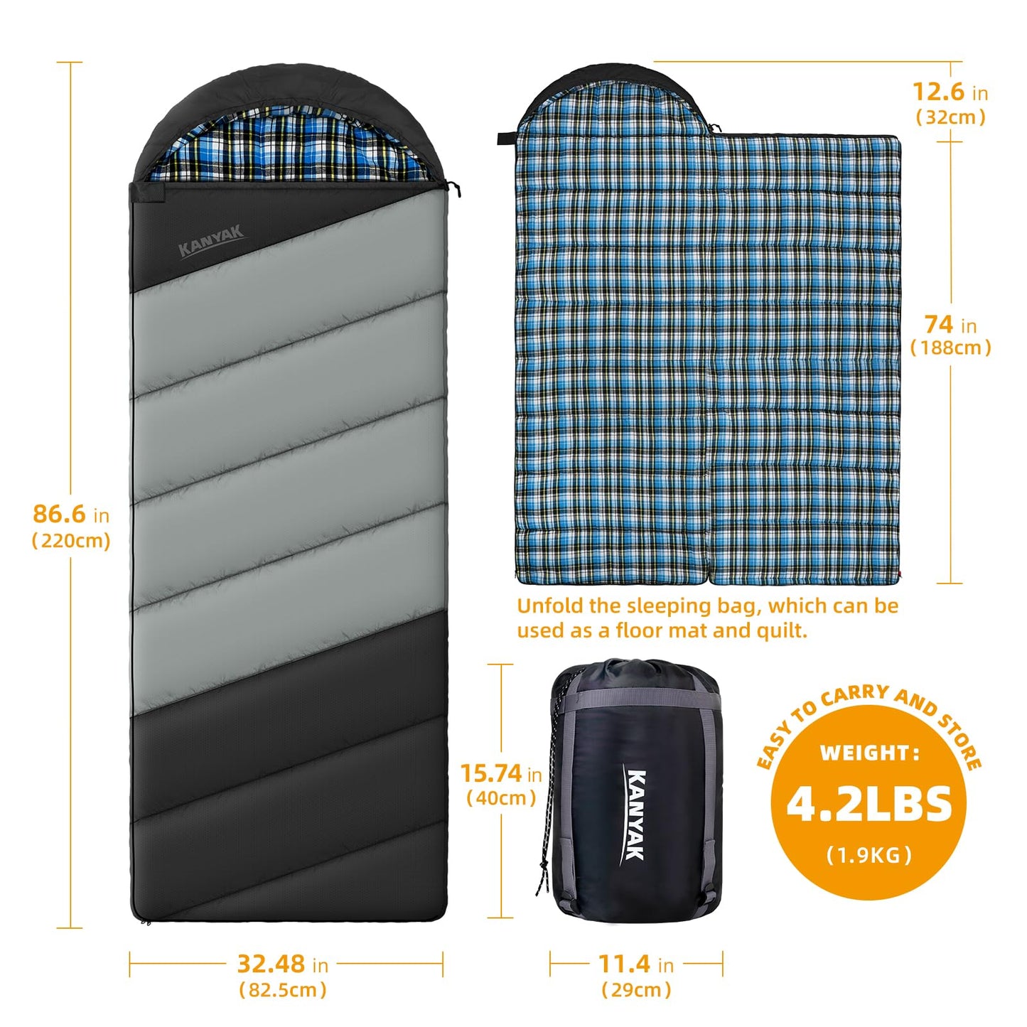 Cotton Flannel Liner Sleeping Bag for Adults Teens Kids, Cold Weather & Warm, 3 Seasons, Lightweight Compact Camping Essentials Equipment, Hiking, Outdoor, Travel (Bias) (Black Grey)