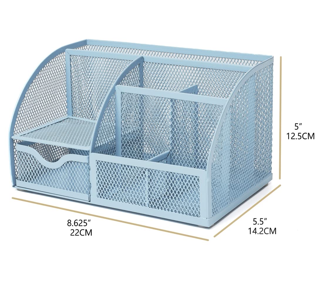 Annova Mesh Desk Organizer Office with 7 Compartments + Drawer/Desk Tidy Candy/Pen Holder/Multifunctional Organizer (New Blue23)