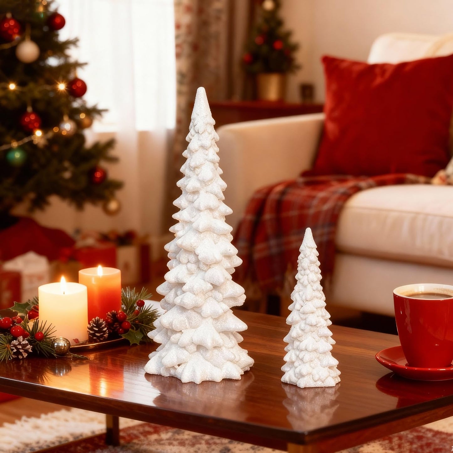 Set of 2 White Glitter Resin Trees,Small Pine Tree Figurines Decorative Christmas Trees Tabletop Centerpieces Decor for Christmas,Xmas,Holiday,9.6'' / 6.1''