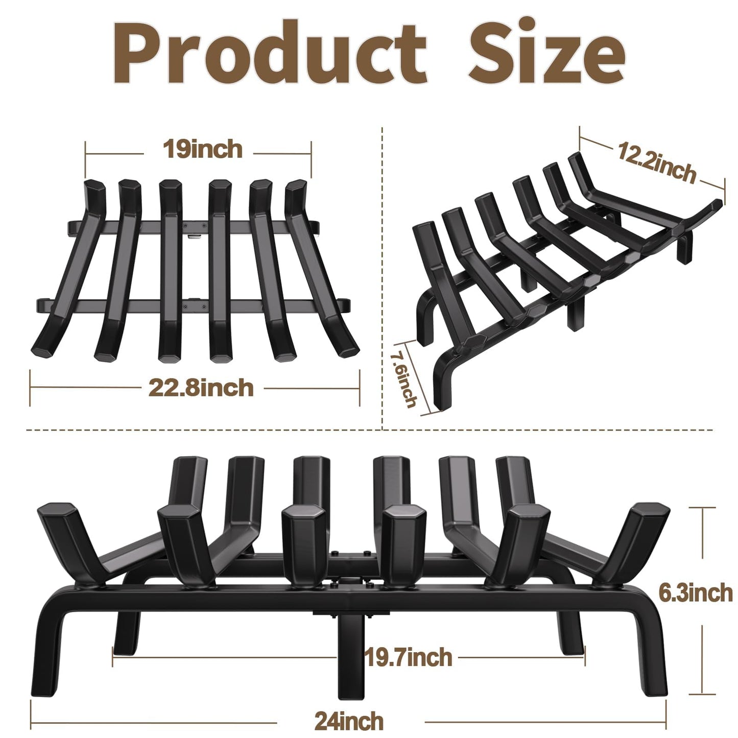 AMAGABELI GARDEN & HOME Fireplace Grate Log Holder 24 Inch Firewood Burning Rack Heavy Duty Wrought Iron Solid Steel for Chimney Hearth Fire Pit Outdoor Kindling Tools Wood Stove Accessories