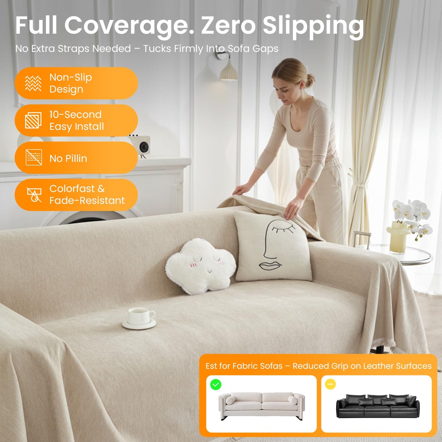 LUNETIO Couch Cover Blanket - Thick Chenille Sofa Cover Protector for Large Couch, Washable Slip Sofa Throw for Dogs, Pets, Cats, Chairs, Cushions & Sectional Seats (71 x 150, Light Brown)