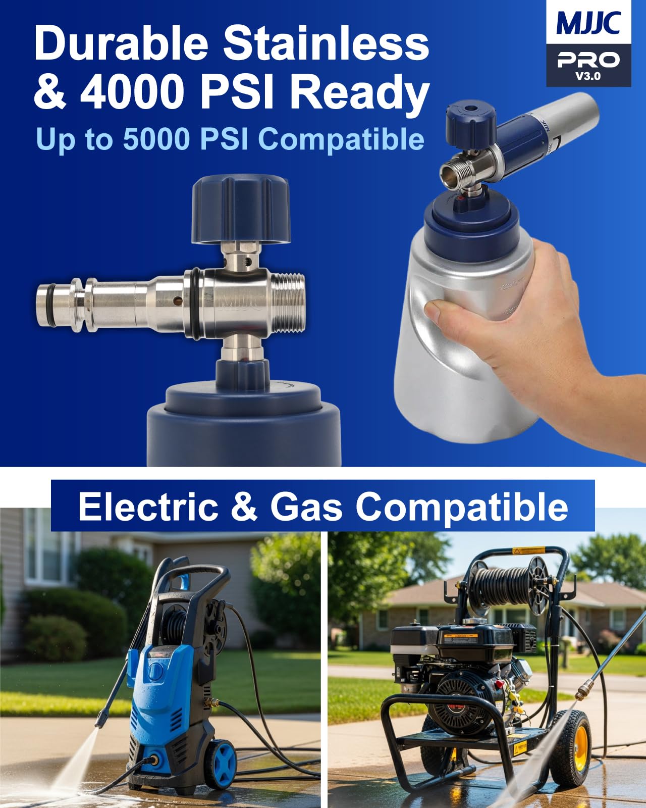 MJJC PRO V3.0 Ultimate Foam Cannon for Pressure Washers – Professional Car Wash Accessory Kit with Thick Foam, Stainless Steel, 44 fl oz Bottle (Pro V3.0 (1/4" Quick Connector) + SOAP Sample)