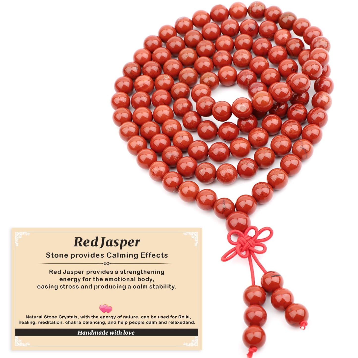 AD Beads 8mm 108 Prayer Mala Red Jasper Elastic Bracelet - Stone Provides Calming Effects - Handmade Yoga Meditation Healing Power Energy Gifts for Unisex Adult.