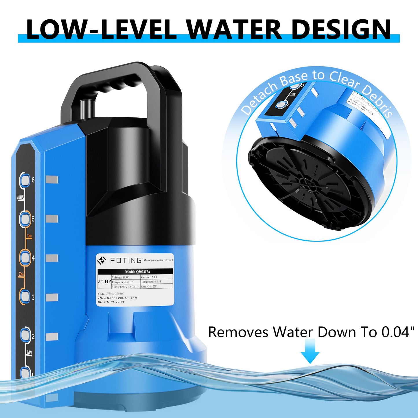 FOTING Sump Pump 3/4HP Automatic Submersible Water Pump, 2400GPH Thermoplastic Electric Portable Transfer Water Pump for Swimming Pool Garden Pond Basement with 16ft Cord, Drain Down to 0.04inch,Blue