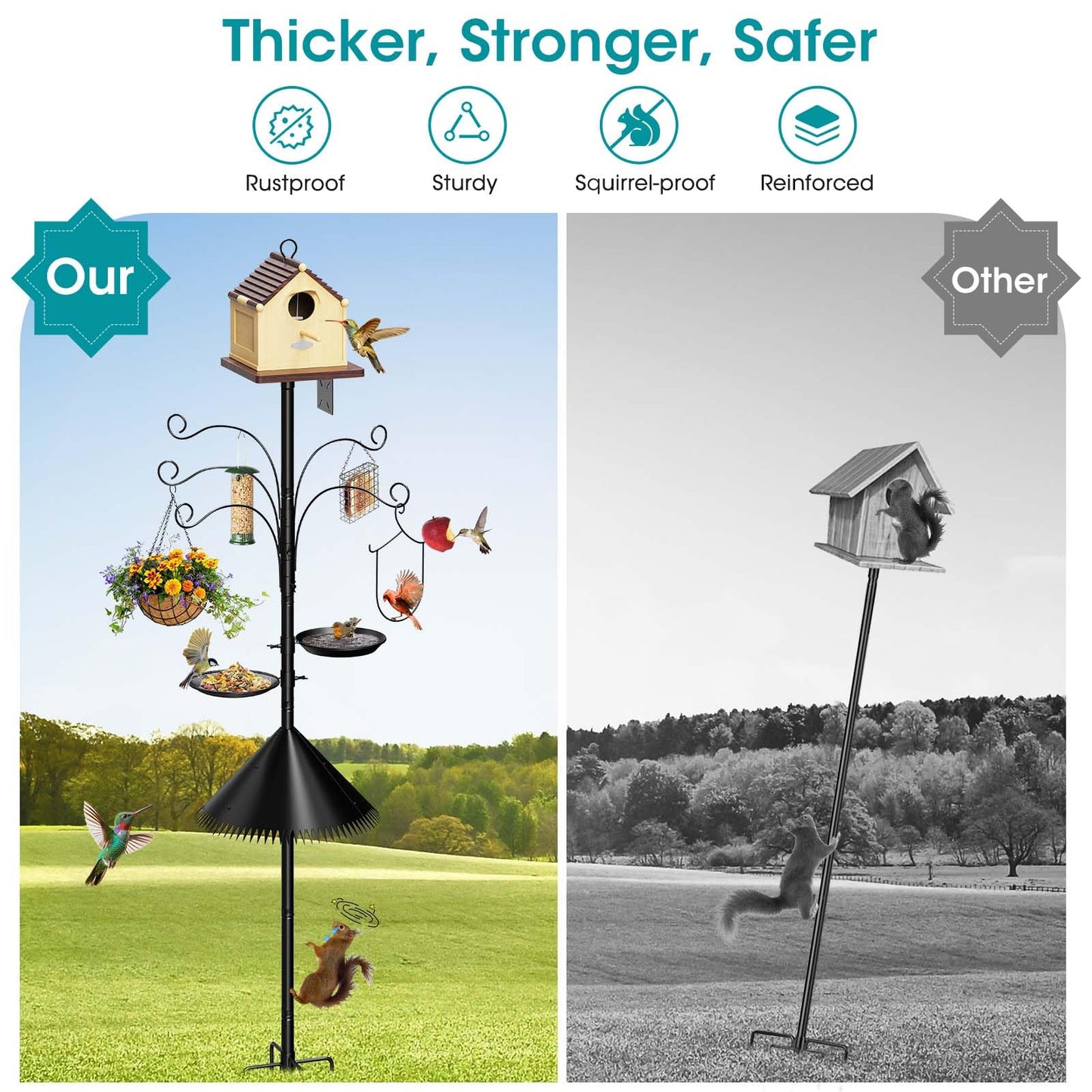 MQHUAYU 108 Inch Bird Feeder Pole Squirrel Proof, Heavy Duty Bird House Pole, Adjustable Bird Feeder Stand with 5 Shepherds Hooks, 2 Mental Trays, Hummingbird Swing