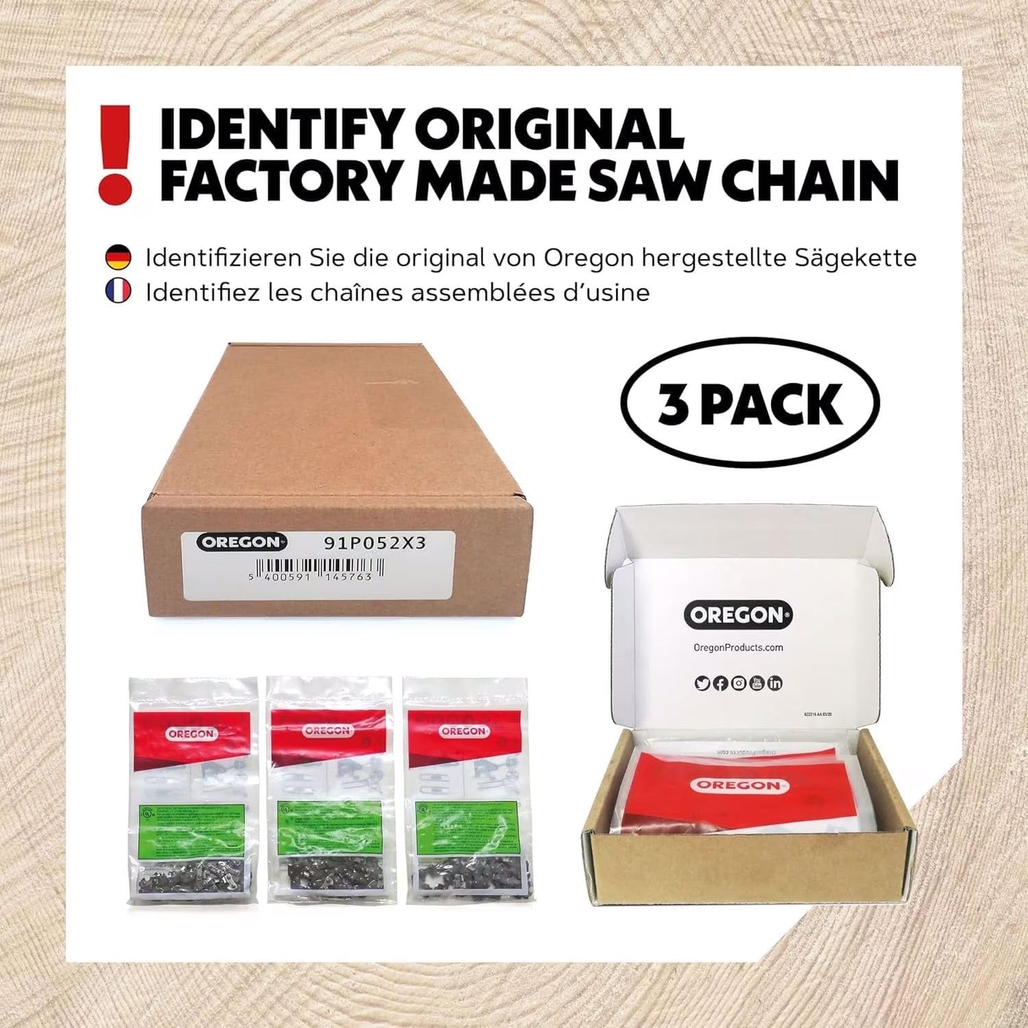 Oregon 3-Pack 3/8" LP Pitch, .050" (1.3mm) Gauge, Chainsaw Chain for 20" (50cm) Bar, 72 Drive Links – Full Chisel Replacement Saw Chain, Fits & Replaces Stihl & Husqvarna, Fits Jonsered, Echo and more