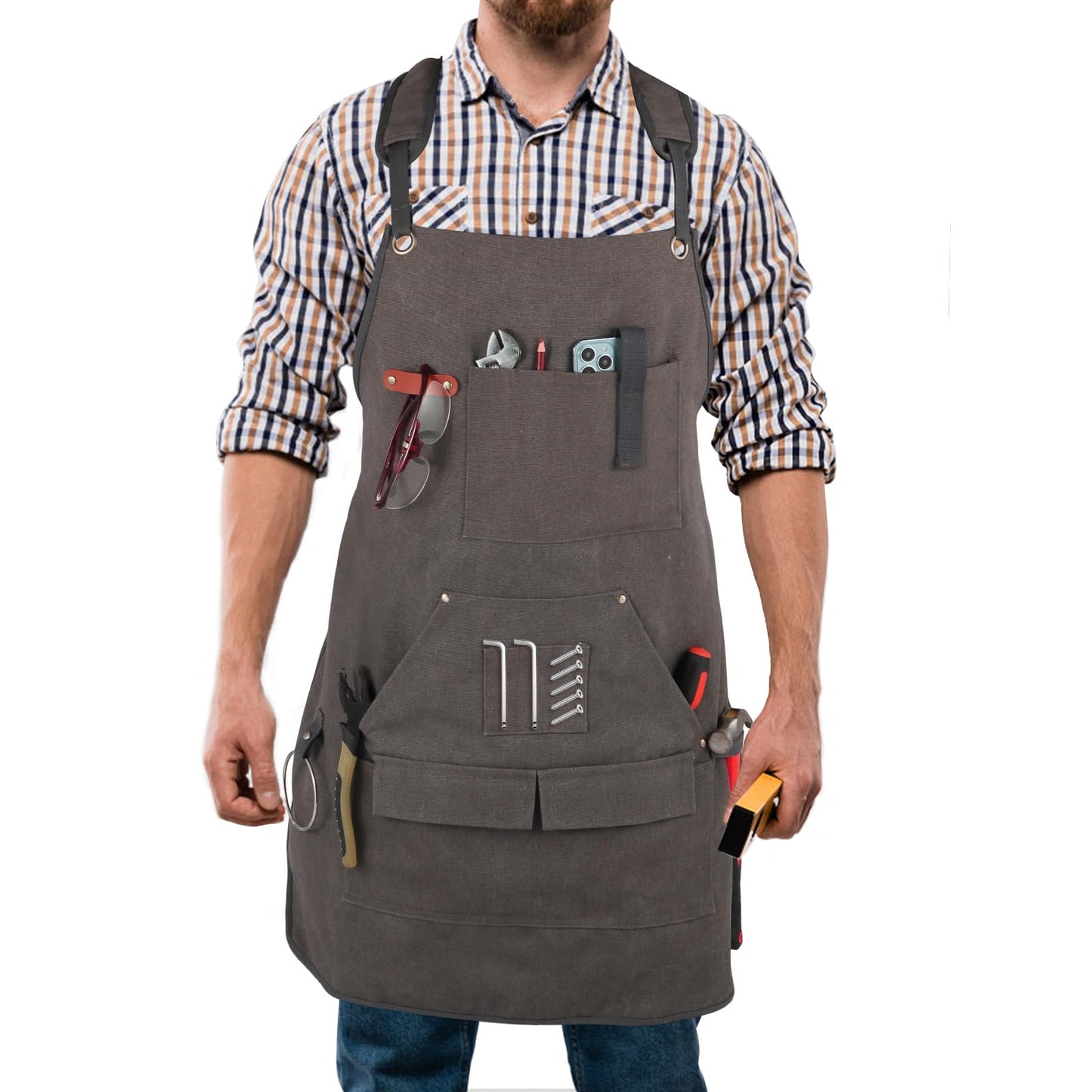 Rtcimoic Men's Multi-Function Woodworking Tool Apron, Multi-Pocket Canvas Carpenter Shop Work Apron, Heavy Duty Adjustable Belt S-3XL Grey