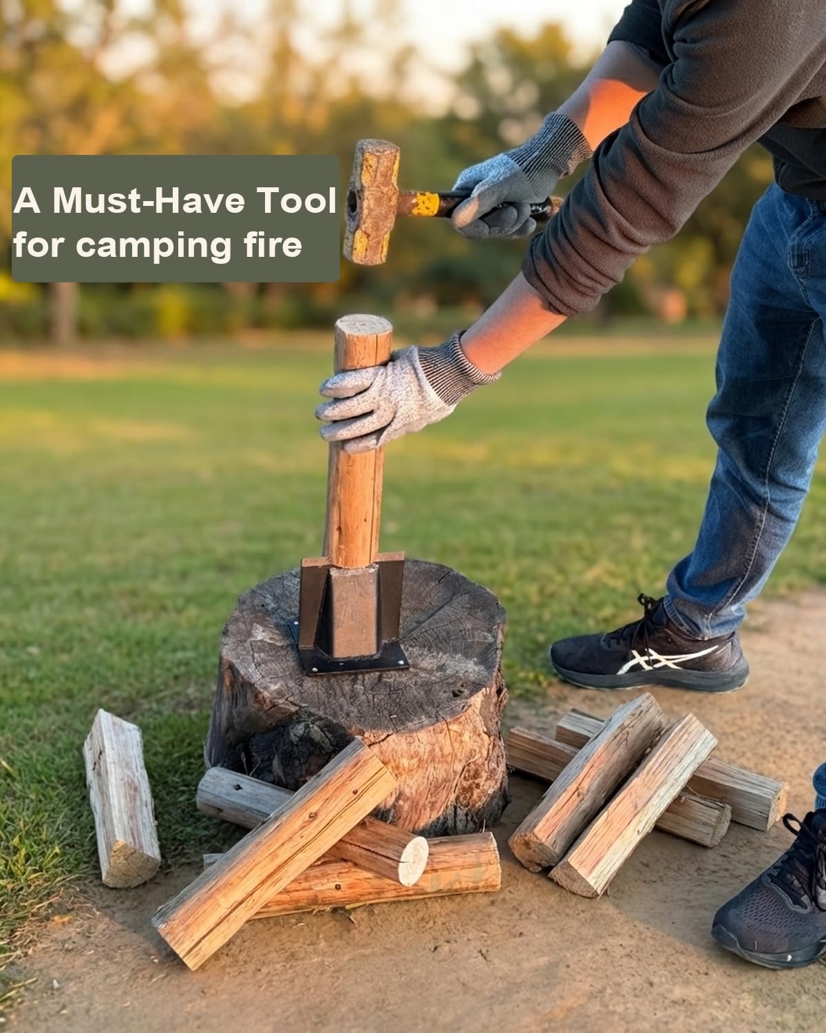 Fletzorb Kindling Splitter Firewood Log Splitter, Heavy Duty Steel No-Axe Wood Chopper, Manual Safe Wedge Cracker Tool with Cut-Resistant Gloves Set