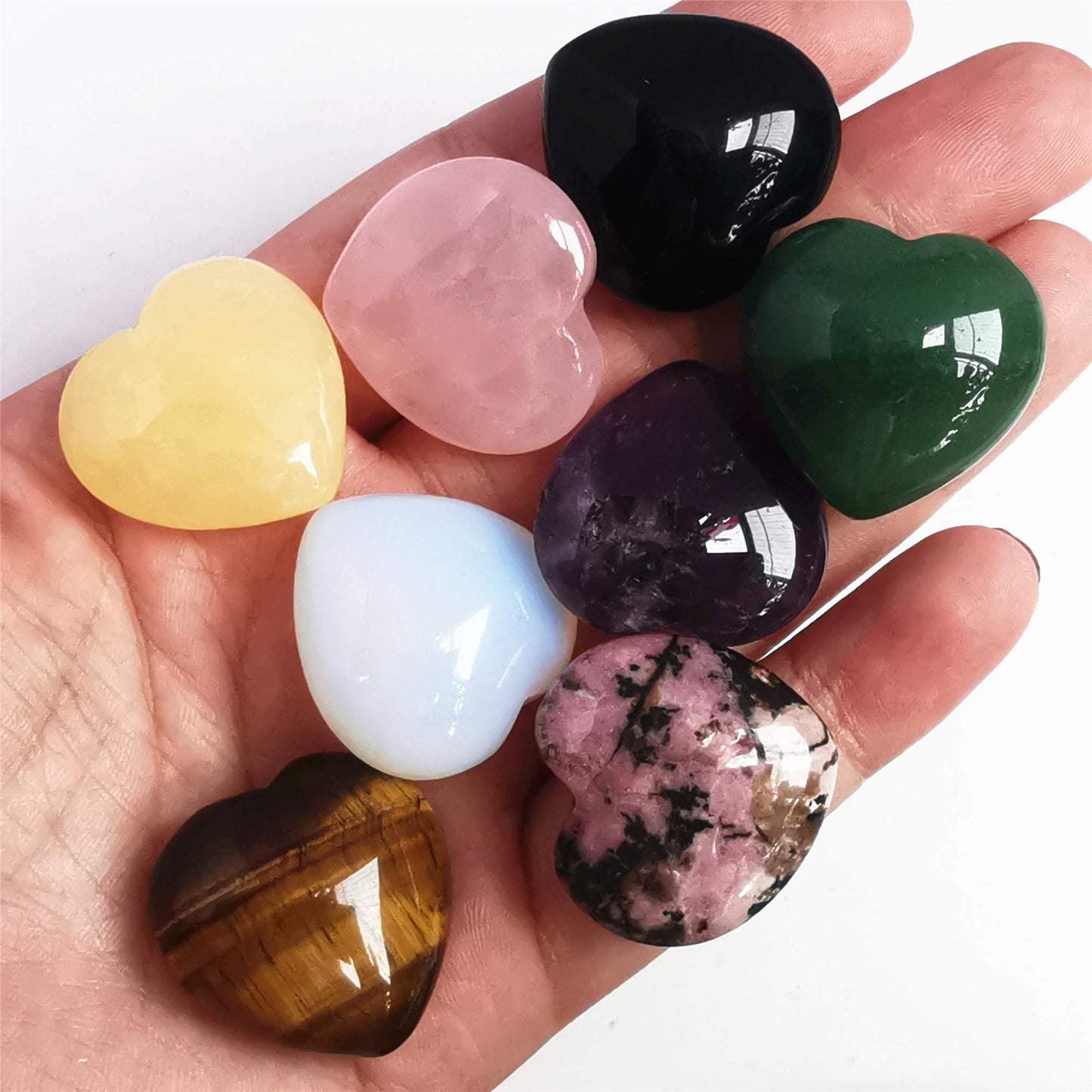 Bacatgem 3 Pcs Pocket Palm Thumb Healing Crystal Heart Love Worry Stones,1 inches Reiki Balancing Crystal and Healing Stones(Rhodonite+Rose Quartz+Yellow Jade)