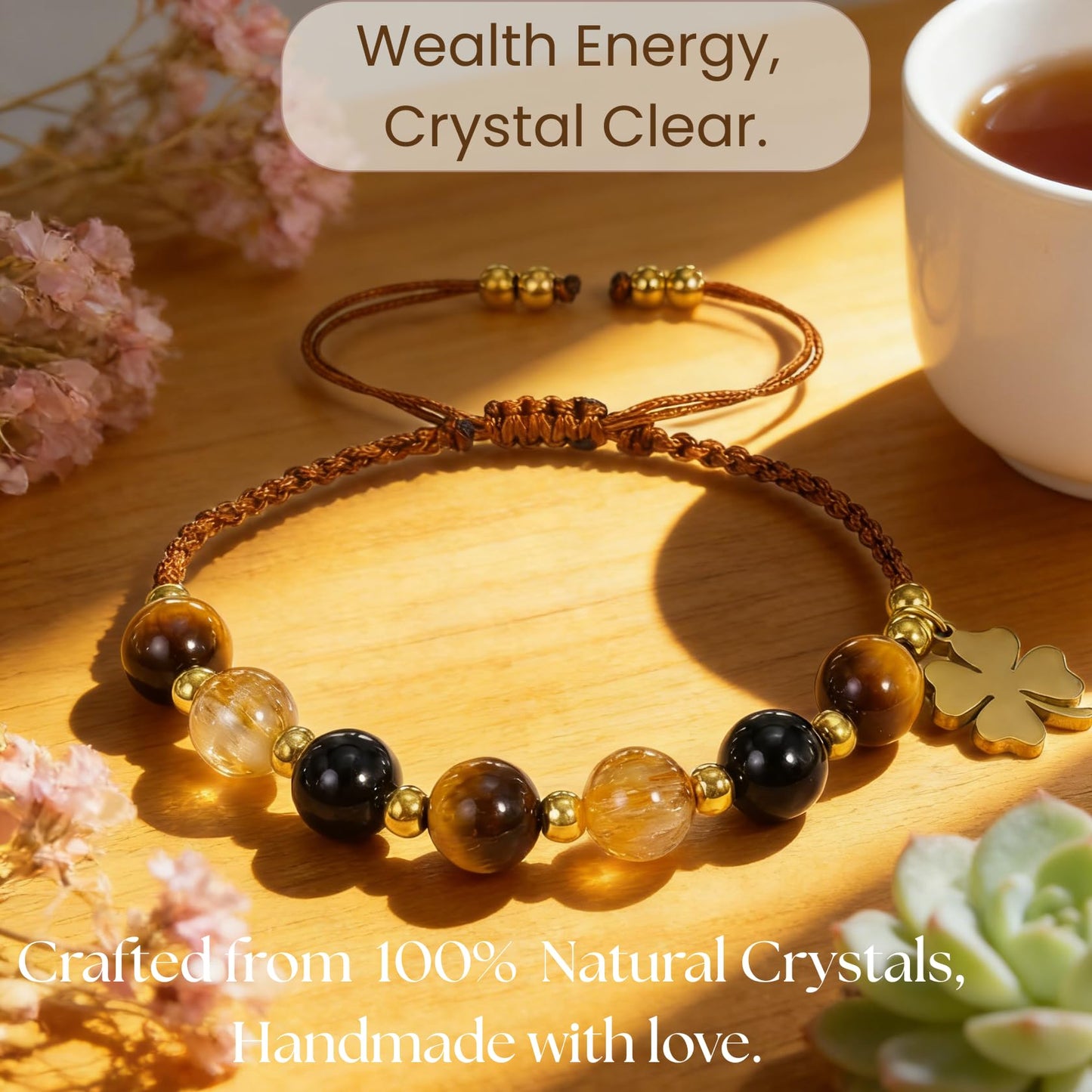 Atminafays Abundance Money Bracelet - Wealth & Luck Guardian Crystal Bracelet | 8mm AAA+ Genuine Citrine, Tiger Eye & Obsidian | Adjustable Feng Shui bracelet for Men & Women | Manifestation Jewelry for Yoga & Meditation