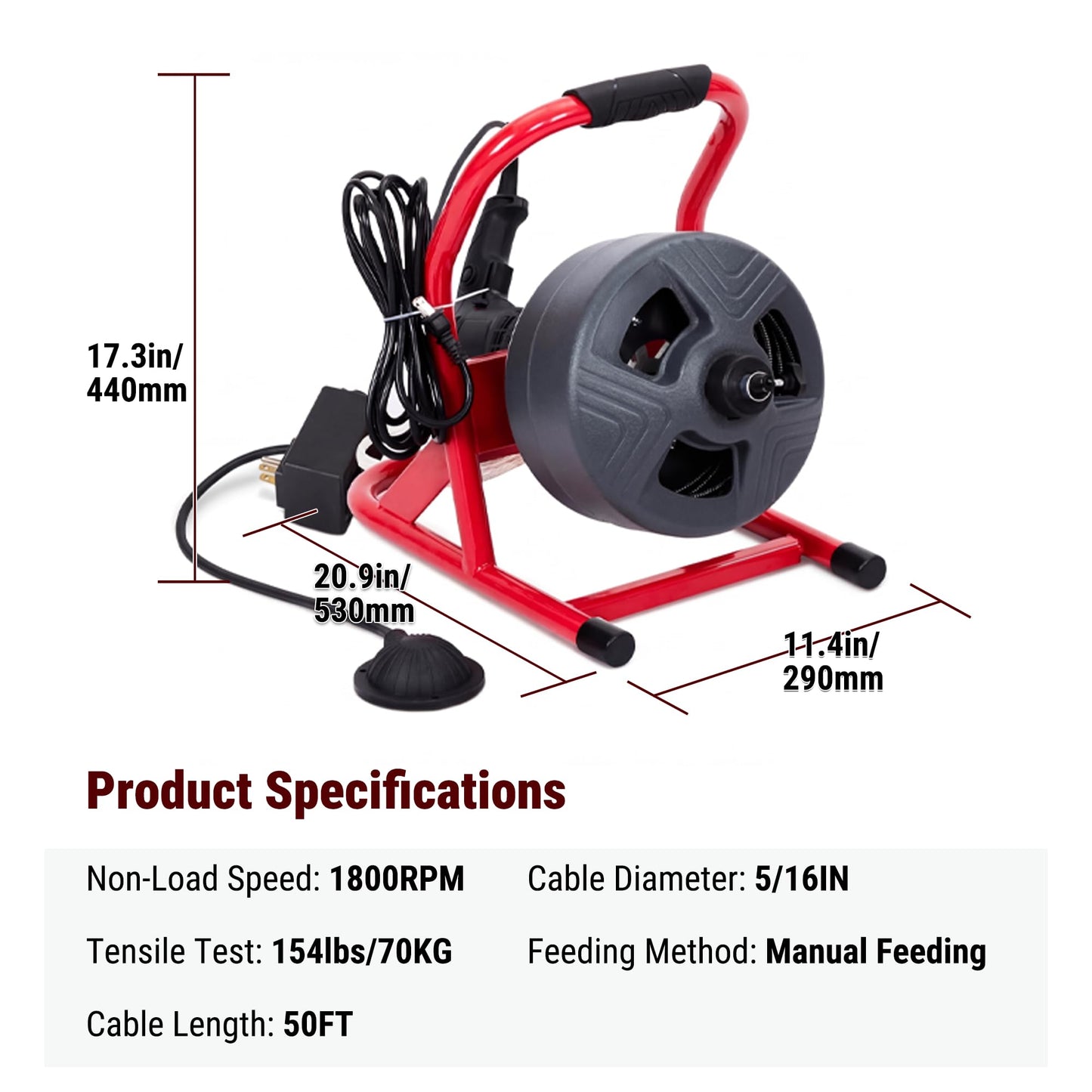 Holdwell S 50FT x 5/16 Inch Drain Cleaner Machine, Electric Drain Auger for 3/4"-3" Pipes, Enclosed Plastic Drum with 4 Cutters & Pneumatic Foot Switch, Sewer Snake Auger