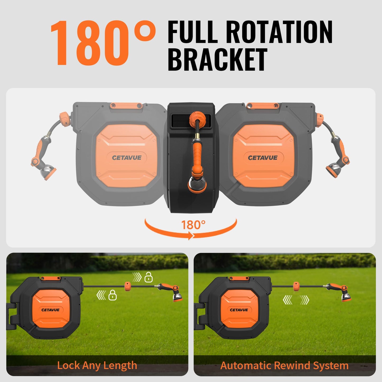 CETAVUE Retractable Garden Hose Reel 5/8 inch x 100 ft,Wall Mounted Heavy Duty Garden Hose Reel with 180°Swivel Bracket,Upgraded 10 Pattern Nozzle/Slow Return System(Black)