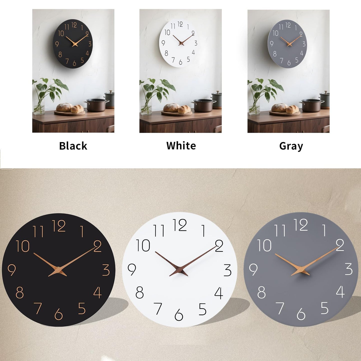 Mosewa Wall Clock 14 Inch Gray Battery Operated Silent Non Ticking Simple Modern Wood Clock Decorative for Bedroom Living Room Kitchen Home Office