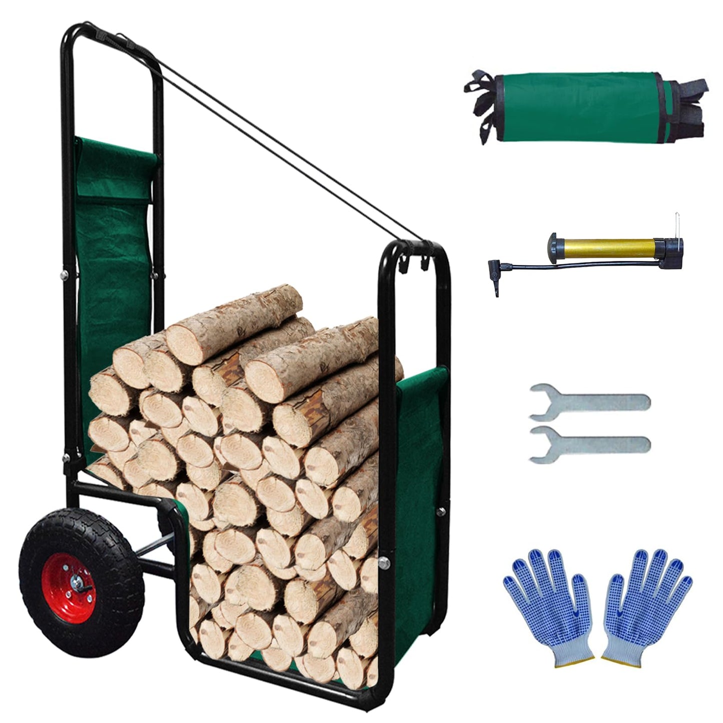 HIGOOD Firewood Cart with Wheels: 260 lbs Capacity Log Dolly Carrier with Pneumatic Wheels & Fabric Liner - Easy Roll Wood Mover for Farm, Indoor & Outdoor Use - Heavy Duty Steel Construction