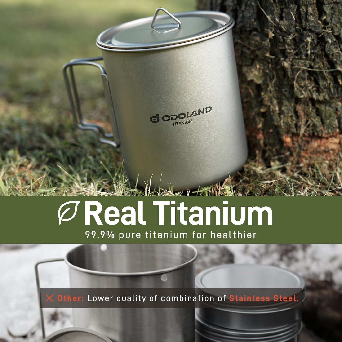 Odoland Titanium Camping Cookware 420ML & 750ML Titanium Pot with Lid and Spork Lightweight Camping Pot for Backpacking Hiking Traveling and Picnic