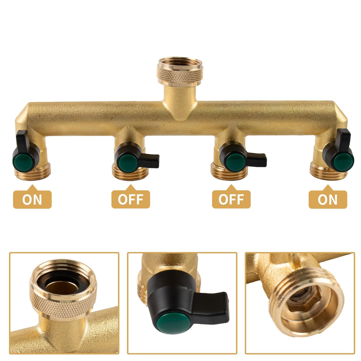 Heavy Duty Solid Brass 4 Way Hose T Tap Connection with 4 Individual On/Off Valve and Extended Handle, Garden Outdoor Pipe Tap Splitter