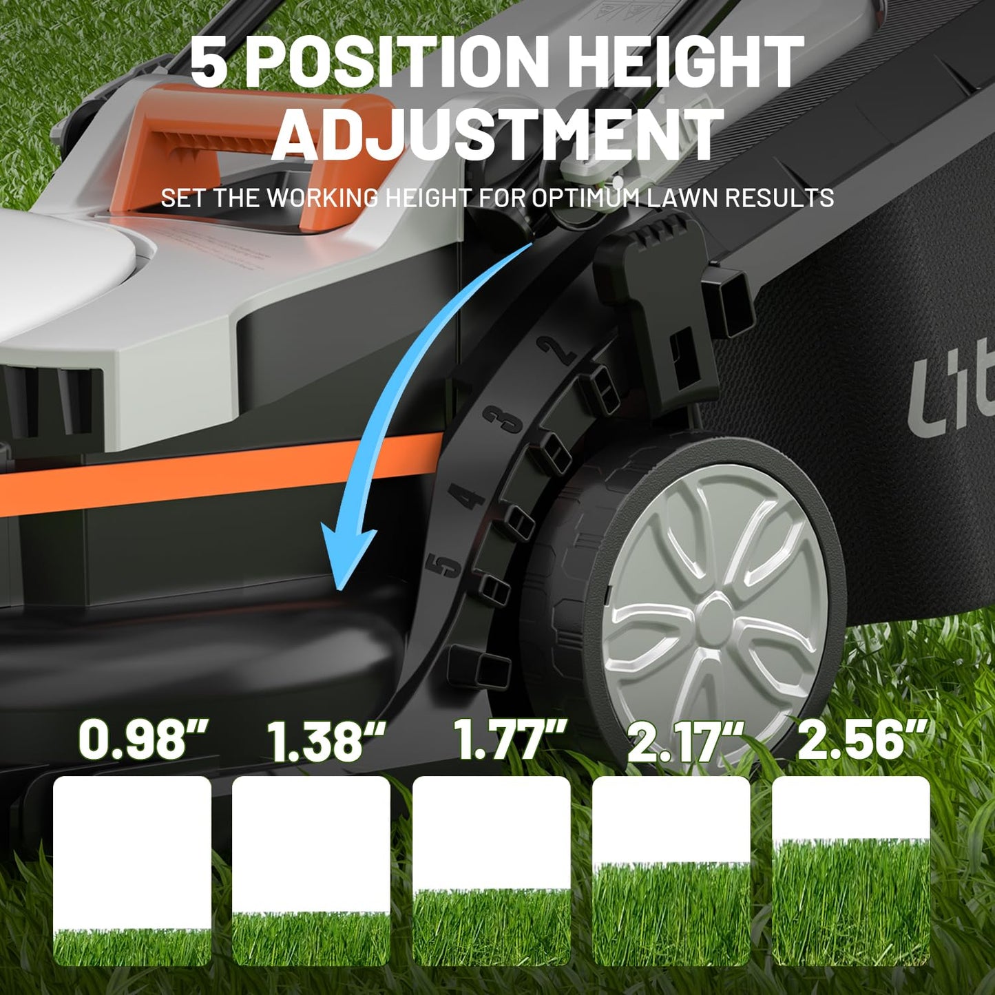 Litheli Electric Lawn Mower Cordless,Grass Cutter Machine for 1300 Sq.Ft. Lawnmower with Motor,13.2 in Cutting Width,8 Gallon Capacity,Cutting Height from 1 to 2.5 in with 4.0A Battery