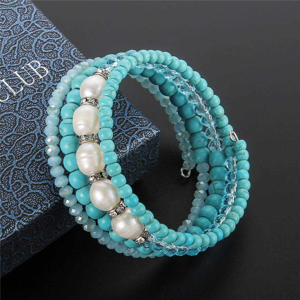 Beaded Freshwater Pearl Chakra Bracelet - Multi Strand Wrap Bracelet with Natural Crystal Agate Beads, Birthday Gifts for Women(29-Turquoise)