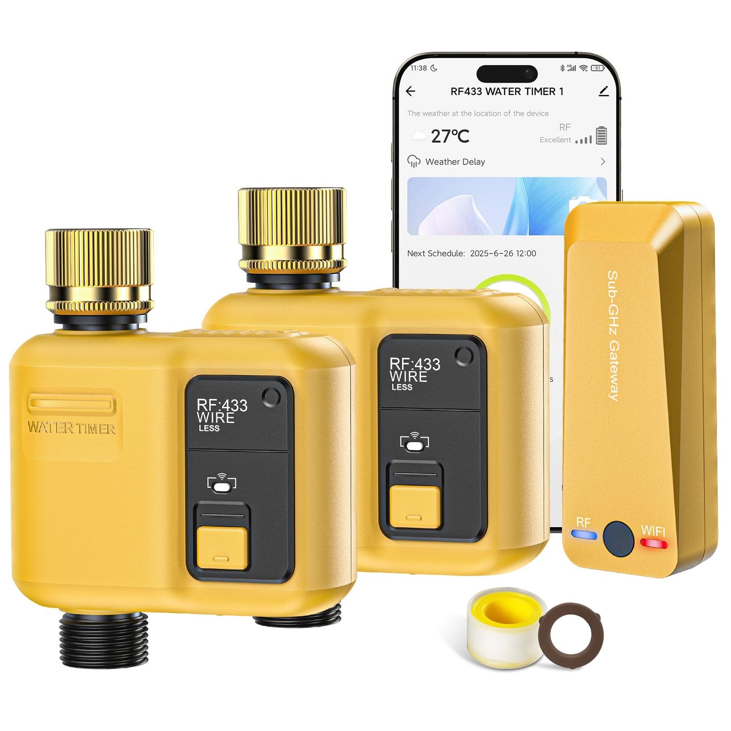 WiFi Water Timer 1 Zone for Garden Hose, 2 Pc Smart Sprinkler Timer with 984ft RF Range, Smart Lawn Watering System Irrigation Controller, APP/Voice Control, Rain Delay, Automatic/Manual Irrigation