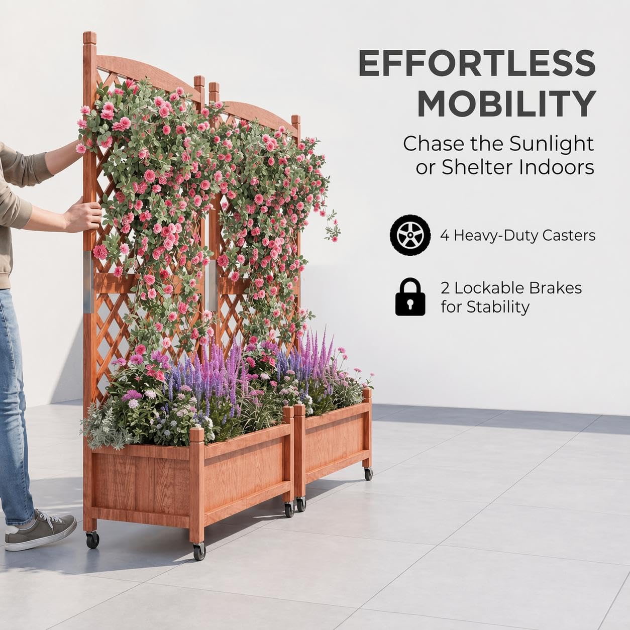 ActiveTrail 2 PCS Raised Garden Bed with Trellis, 61.5" Wooden Planter Box Outdoor with Drainage Holes and Locking Wheels, Privacy Planters for Patio, Climbing Plants, Vegetables, Balcony & Yard