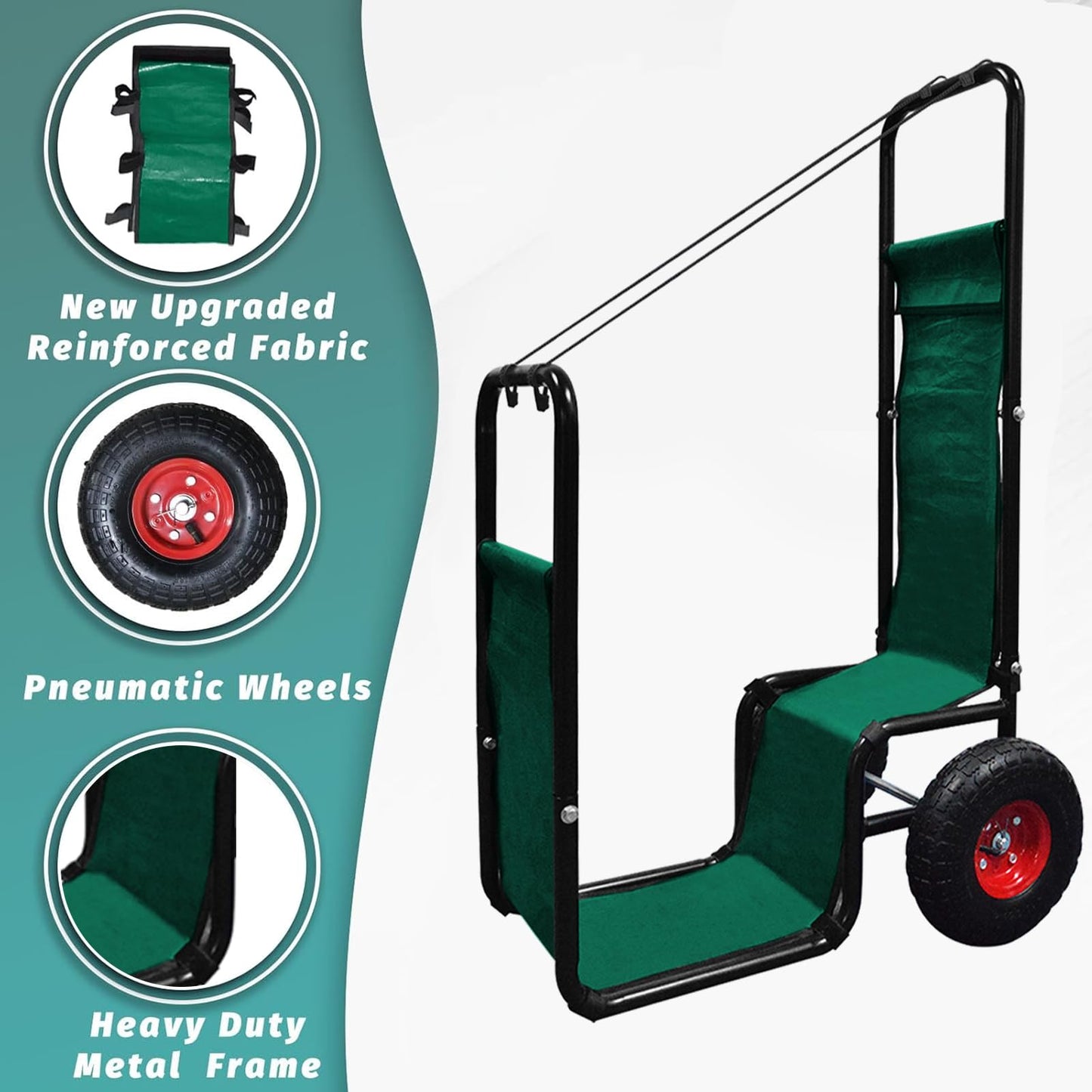 HIGOOD Firewood Cart with Wheels: 260 lbs Capacity Log Dolly Carrier with Pneumatic Wheels & Fabric Liner - Easy Roll Wood Mover for Farm, Indoor & Outdoor Use - Heavy Duty Steel Construction