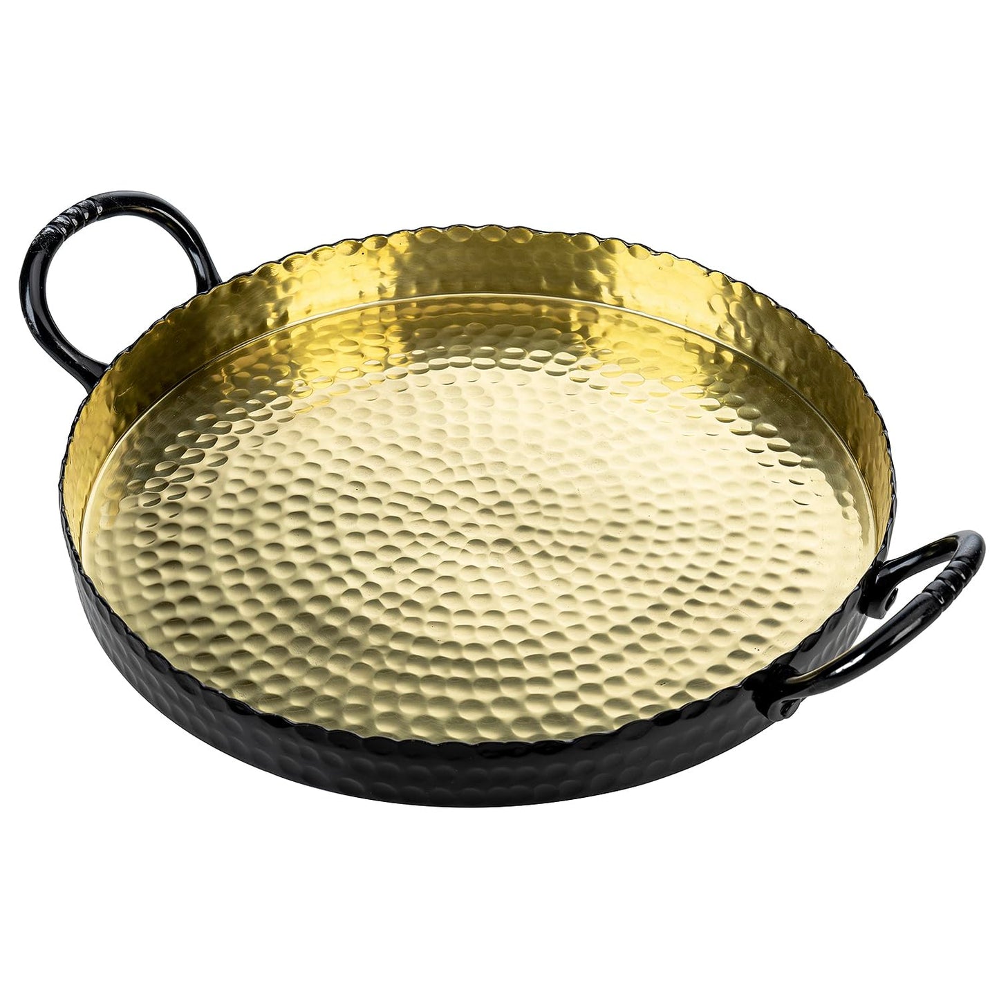 MyGift 12-Inch Black and Gold Metal Round Display Tray – Handcrafted Hammered Design Serving Platter or Tabletop Centerpiece, Handmade in India