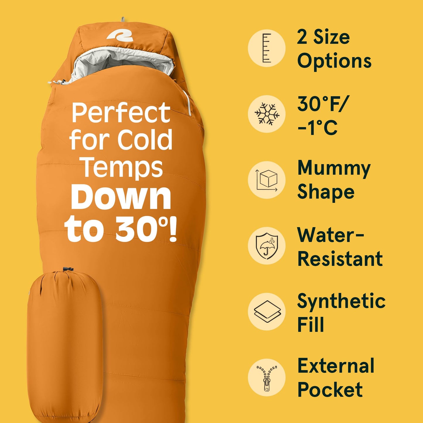 Retrospec Dream Mummy Sleeping Bag - 30°F Camping & Travel Essential Gear with Water - Resistant Shell & Synthetic Fill - Zippered Pocket & Stuff Sack