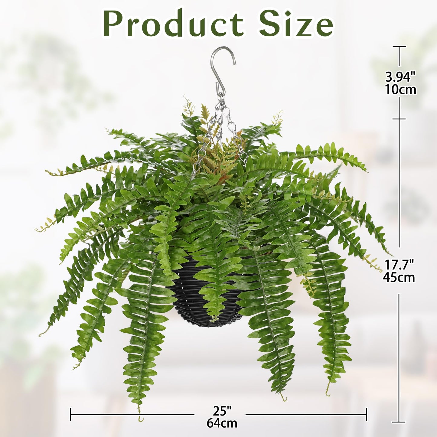 Hollyone Artificial Fern Hanging Basket Plant 25" Boston Ferns 31 Leaves Greenery Plants with Rattan Pot for Outdoors & Indoor Fake Fern Bush Plant in Pot for Patio Entrance Porch Garden Decor Green