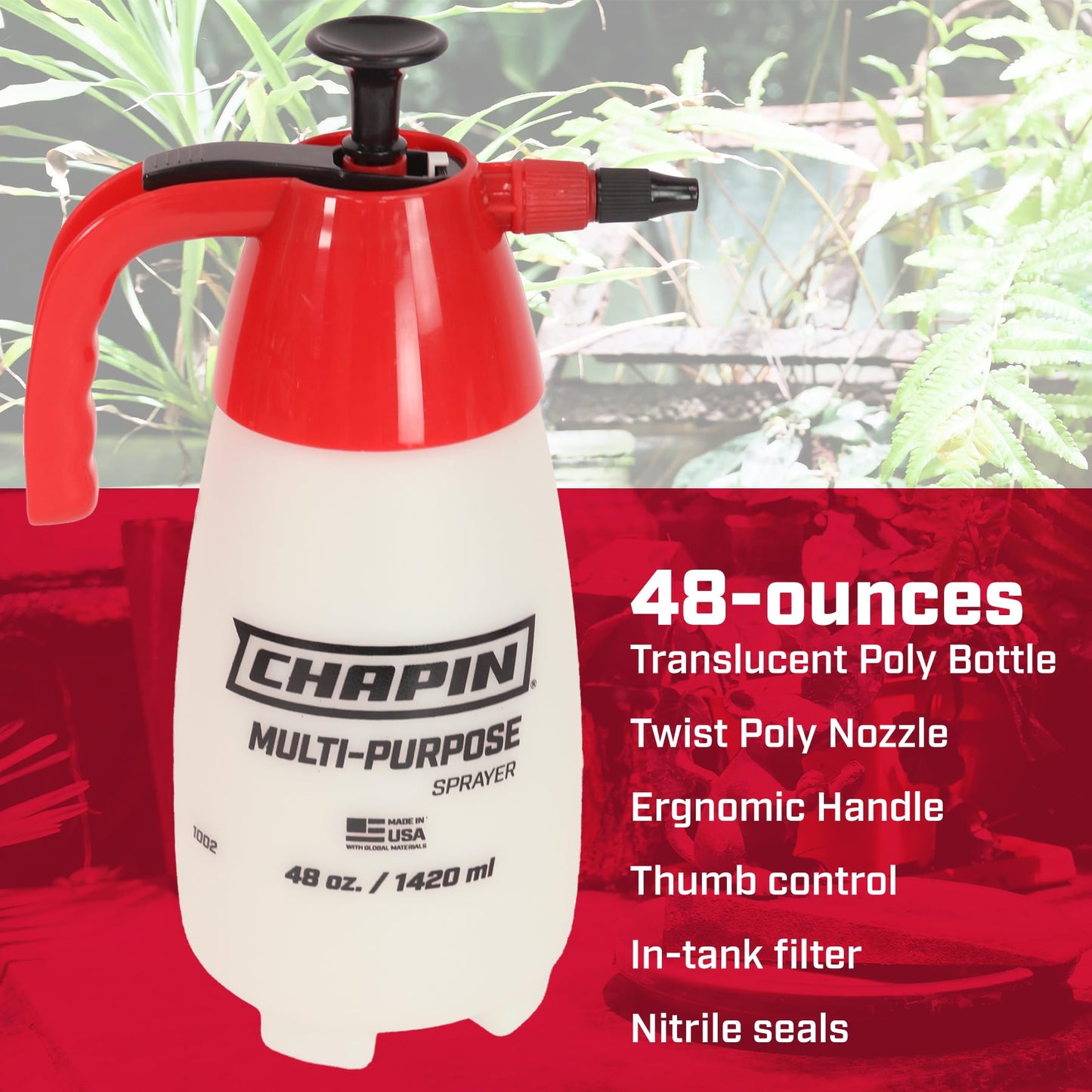 Chapin 10022 Handheld Pump Sprayer, 48oz, Multi‑Purpose, Translucent Poly Tank, Wide‑Mouth Opening, Adjustable Cone Nozzle & Anti‑Clog Filter for Weed, Fertilizer & Pest Applications, 2 Pack