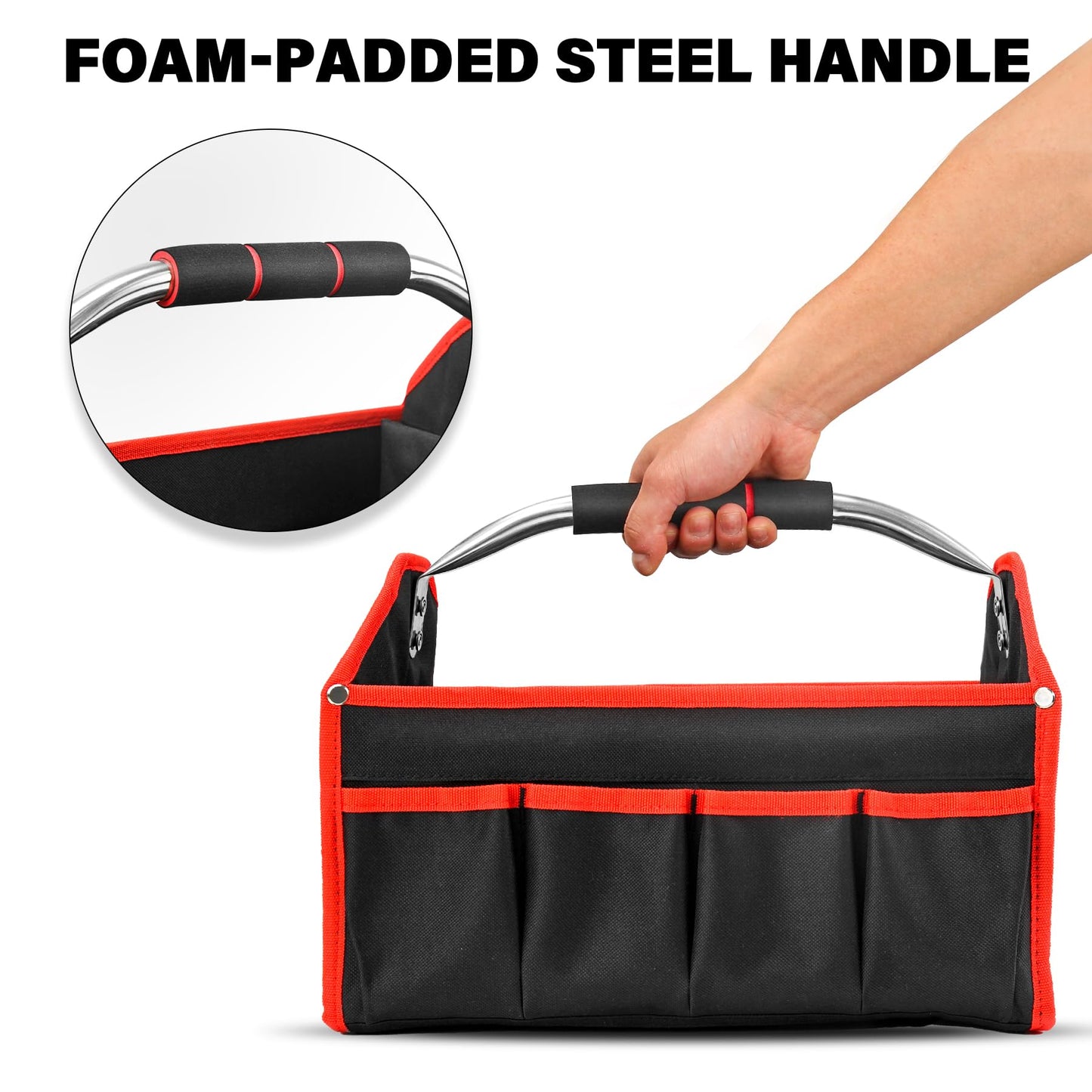 HAUTMEC 13 Inch Tool Bag, Foldable Open Top Tool Bag with Stiff Frame, Heavy-Duty Tool Tote with Padded Handle, Water-Resistant Base, Portable Tool Organizer for DIY & Jobsite Use – TB0001