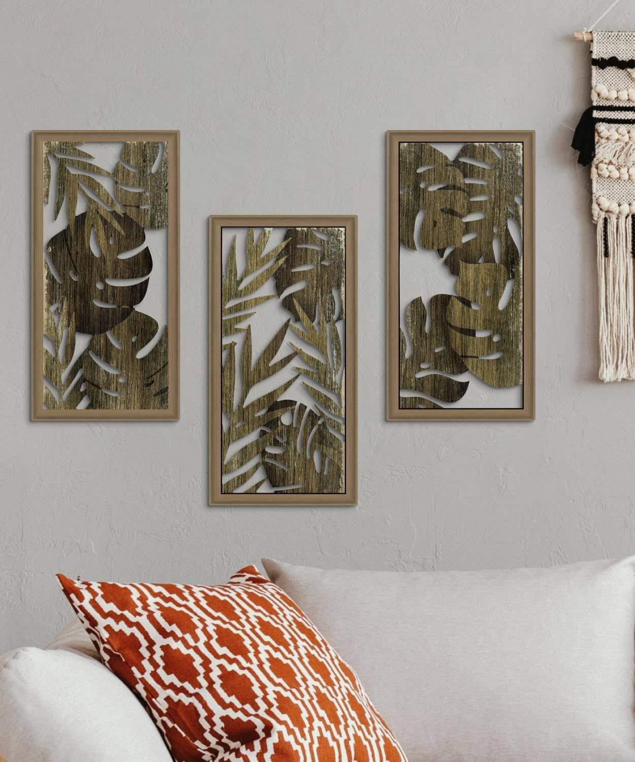 Putuo Decor Tropical Leaf Wall Art, Monstera Palm Leaves Natural Aesthetic Boho Decor, Set of 3 Modern Botanical Art for Living Room, Bedroom, Bathroom, Office 16x8 Inch