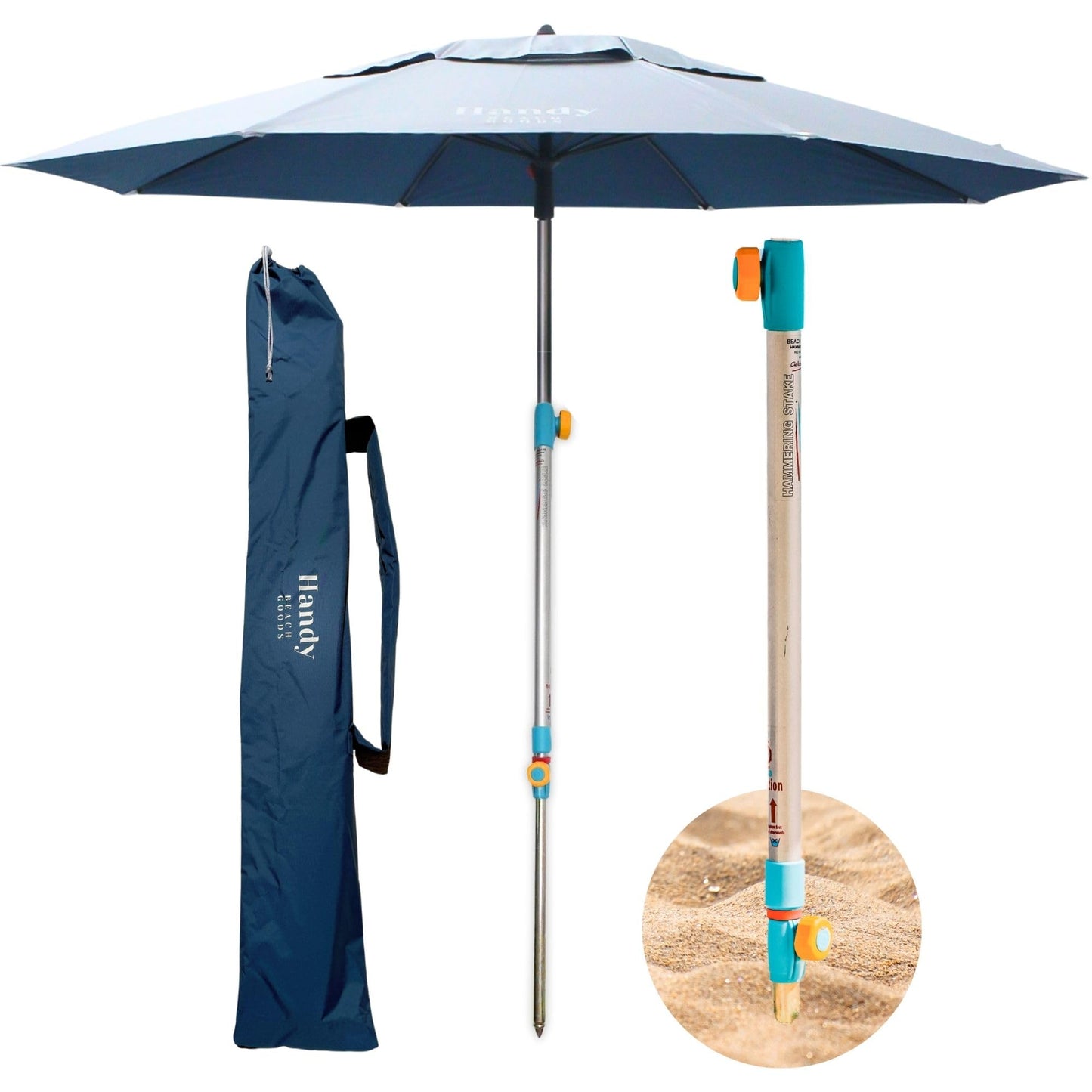 Handy Beach Umbrella with 10 Second Easy Setup Hammer In Anchor - 7ft Large Portable Heavy Duty High Wind Stability Beach Umbrellas For Sand-ASTM F3681 Safety Verified-Silver Coated UPF 55-2026 Model