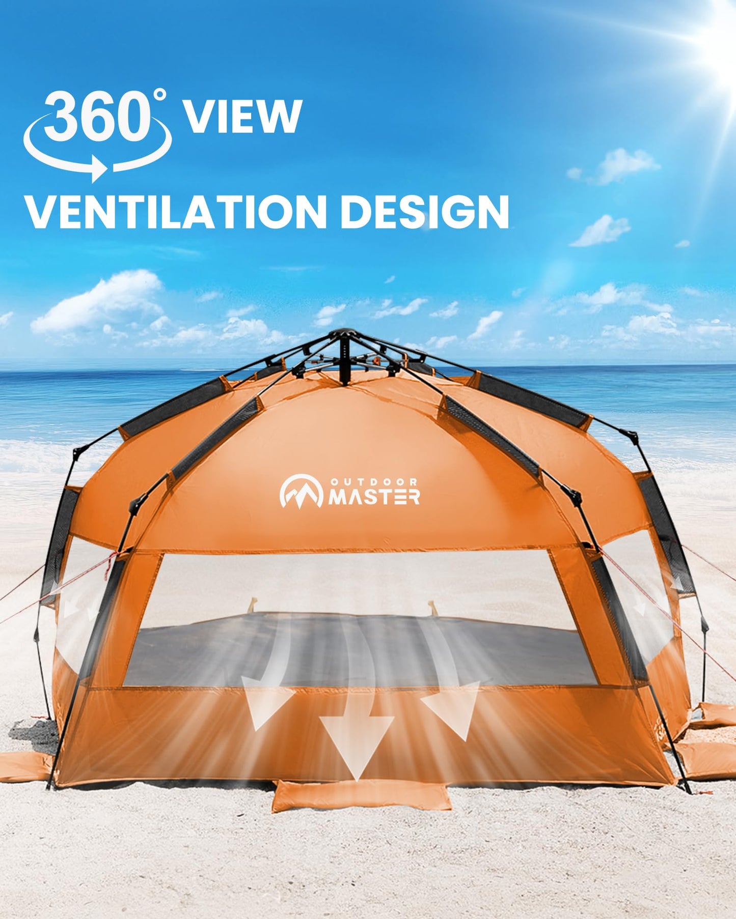 OutdoorMaster Beach Tent Sun Shelter for 3-4 Person, Pop Up Beach Tent Easy Setup with Sandbags, Portable Sun Shade Canopy with Carrying Bag for Beach & Outdoor, UPF50+ UV Protection - Orange