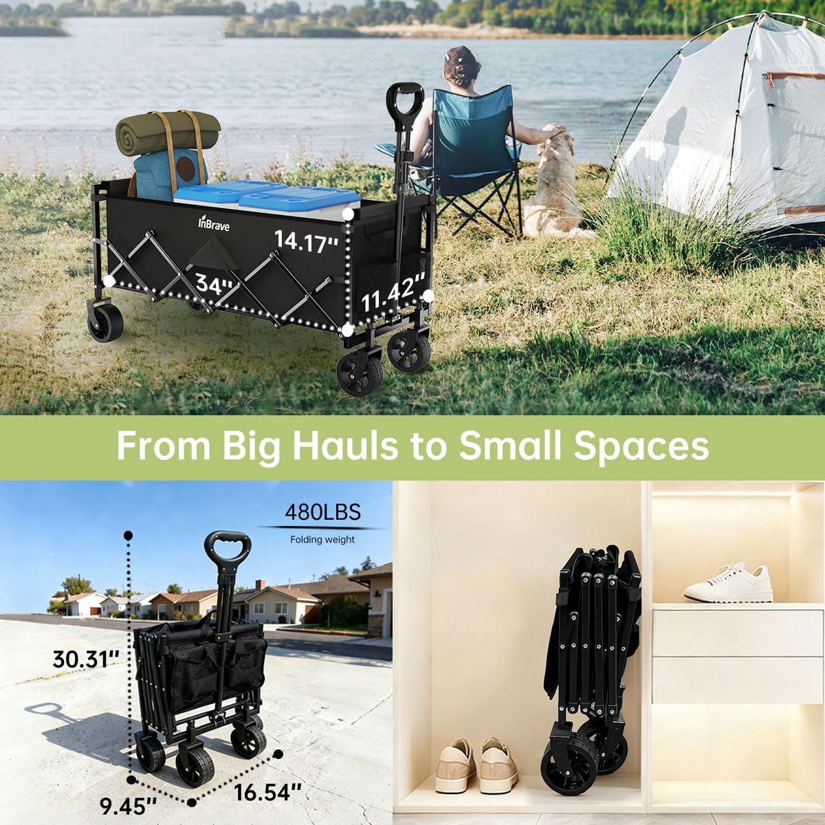 InBrave Extra Long Collapsible Wagon Cart, 480LBS Heavy Duty Utility Wagons with All-Terrain Wheels, Foldable Grocery Carts for Gardening, Shopping, Beach, Camping, Black