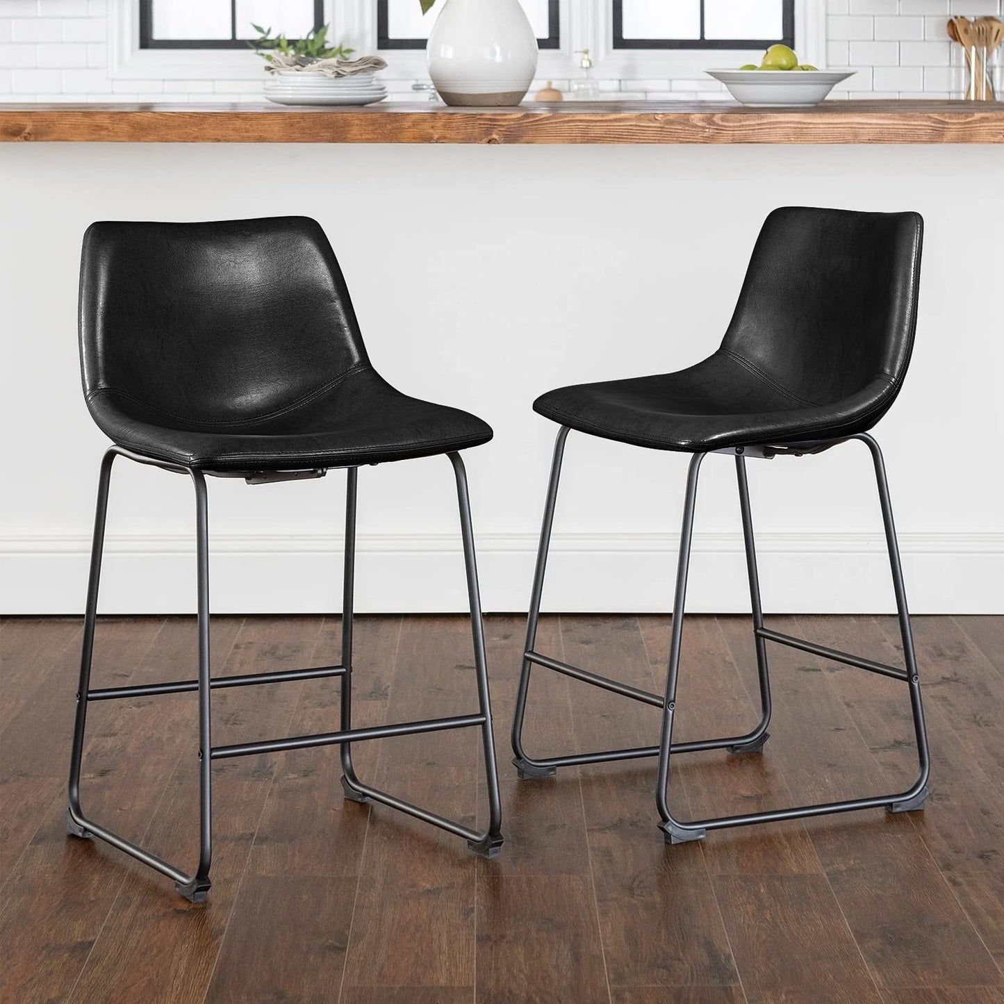 LEMBERI 26 inch Bar Stools Set of 2, Modern Counter Height Bar Stools, Faux Leather Barstool with Back and Metal Leg, Armless Bar Chairs for Kitchen Island (Black, 2pcs 26")