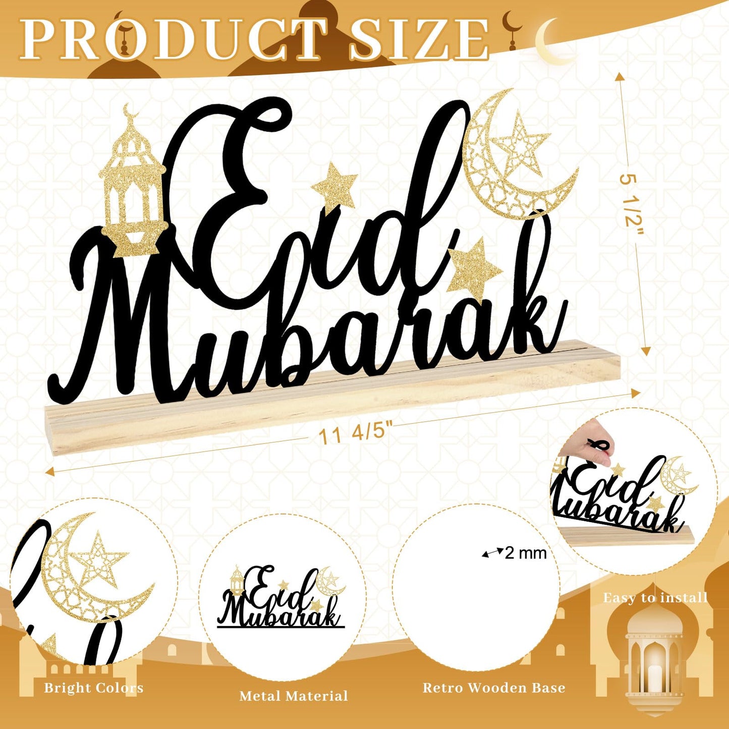 COCHIE Metal Eid Mubarak Sign, Ramadan Decorations for Home, Shelf, Mantel, Indoor, Moon Star Eid Decor, Eid Mubarak Ramadan Table Top Party Decoration (Eid)