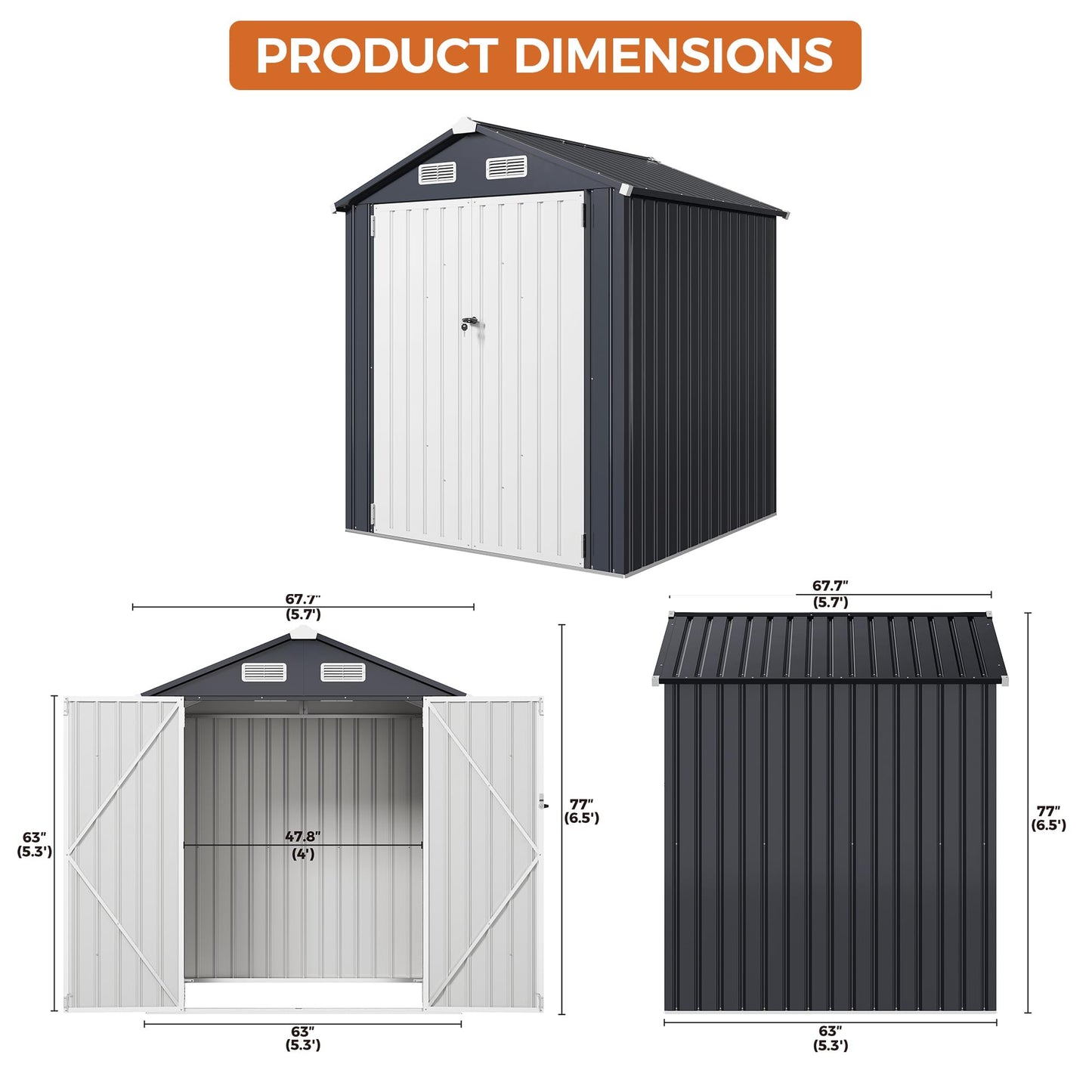 IRONCK 5.7x5.7FT Storage Shed, Outdoor Tool Shed with Lockable Doors and Breathable Vent, Outside Metal Garden Storage for Poolside, Backyard, Patio, Dark Blue